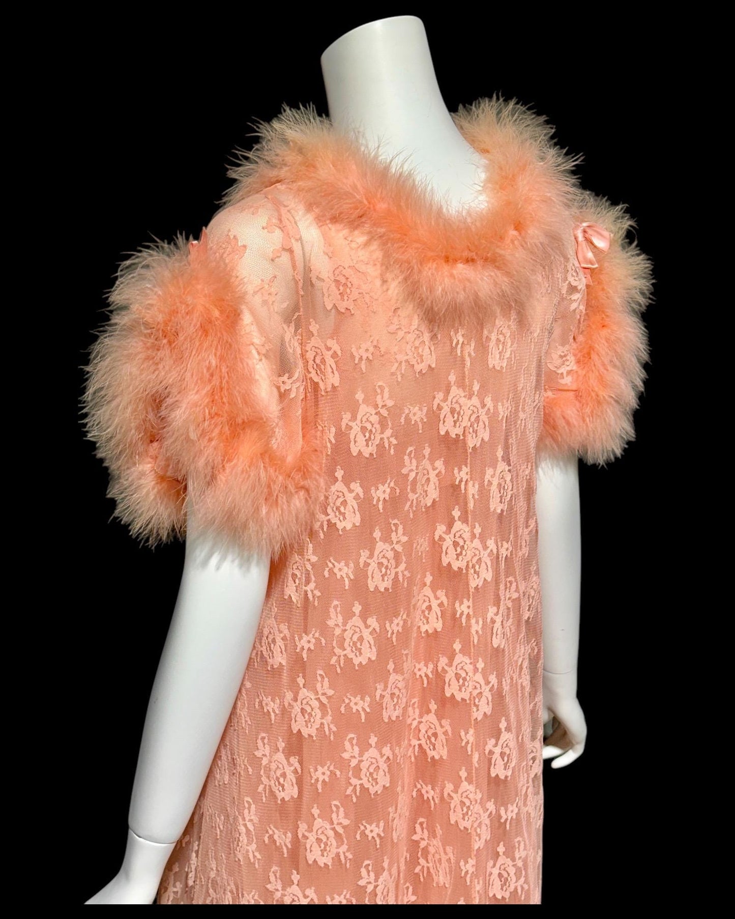 JENELLE vintage nightgown robe set, 1960s Orange Sherbet double layer chiffon peignoir set, Marabou feathers
