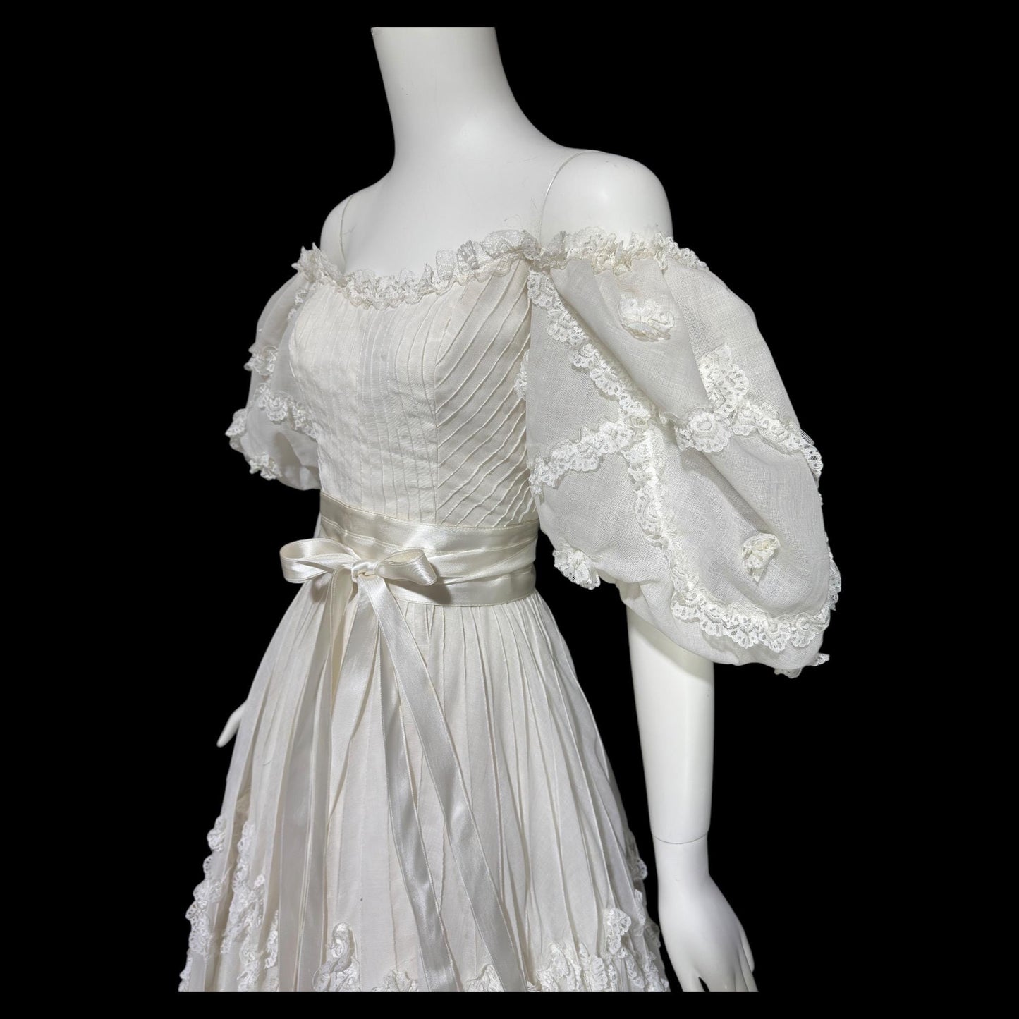 1970s Mexican Wedding dress, White cotton tiered lace ball gown, off shoulder huge Sleeves Bohemian gown