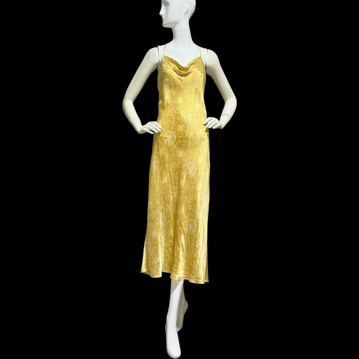 JOSIE NATORI, vintage Y2K nightgown slip dress, gold asian motif silk bias cut sequin sheath