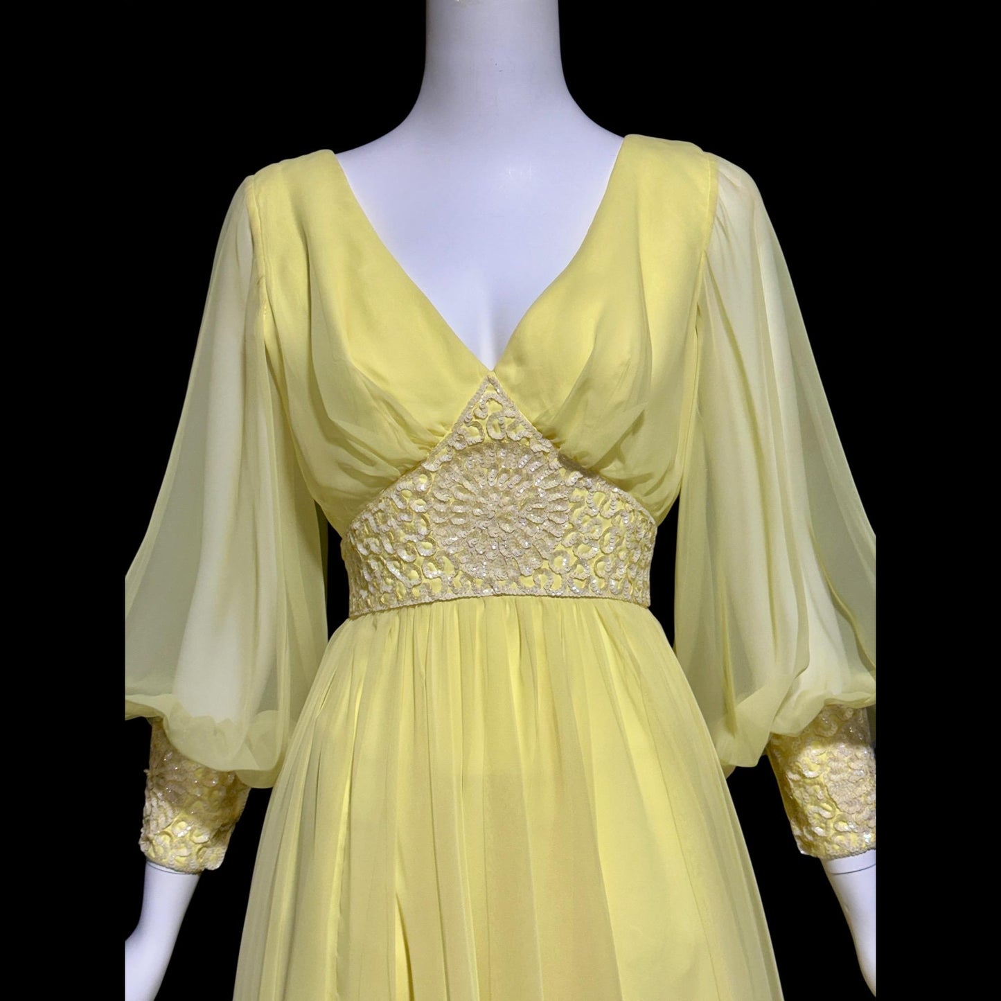 MIKE BENET, vintage 1970s evening dress, Lemon Yellow chiffon sequin formal ball gown