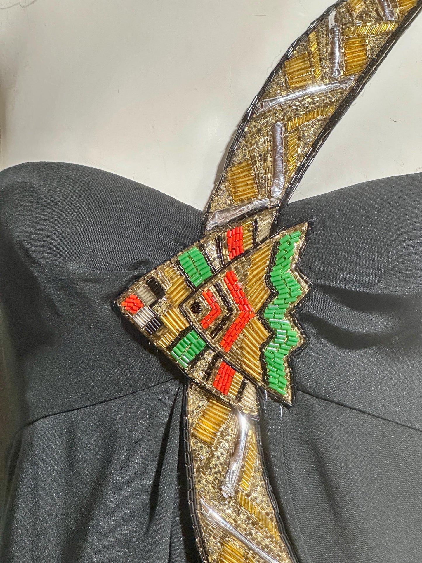 BERNARD PERRIS vintage 1980s beaded gown, black silk one shoulder sheath column evening gown, Made in France