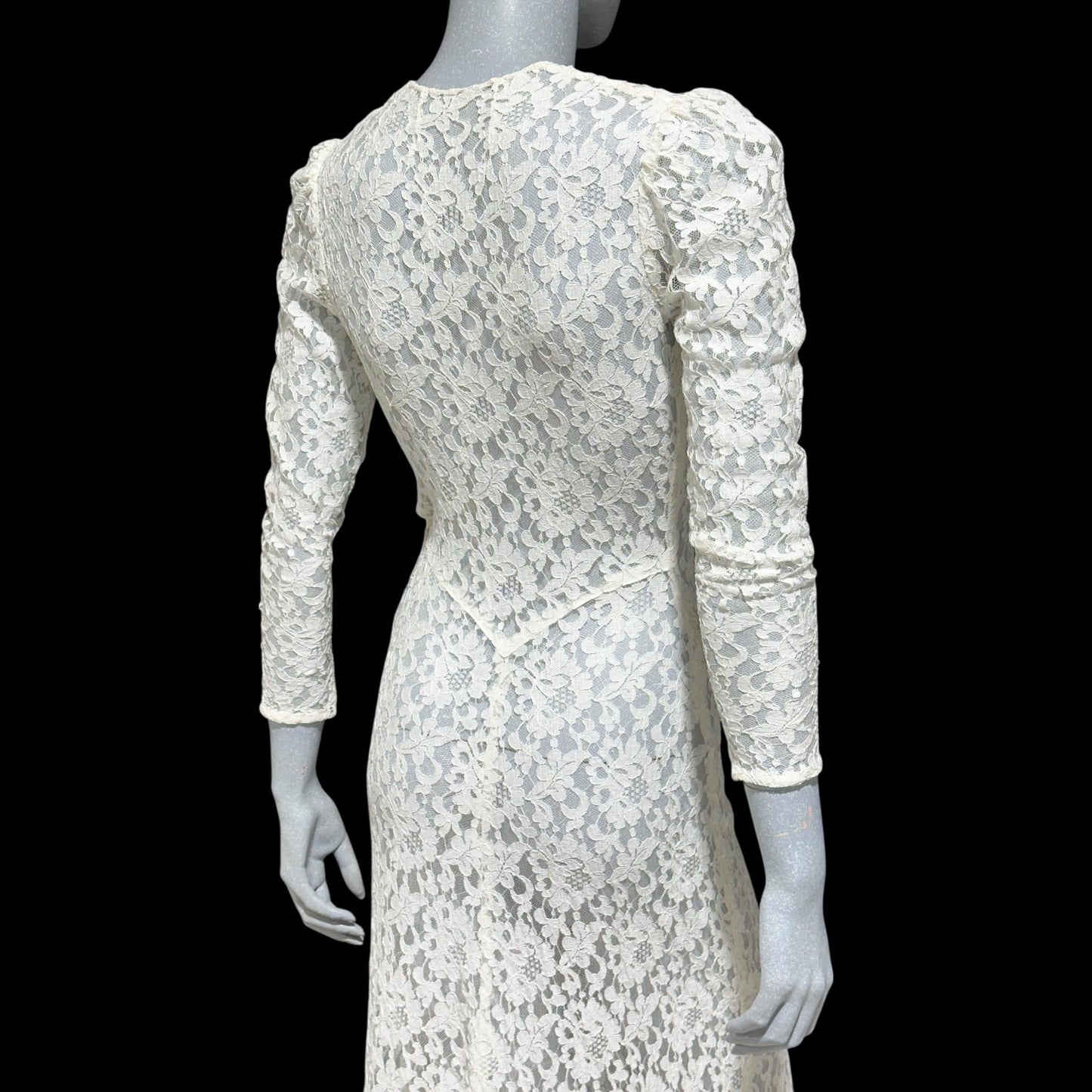 1940s vintage wedding bridal dress, white see through lace sheath full length gown
