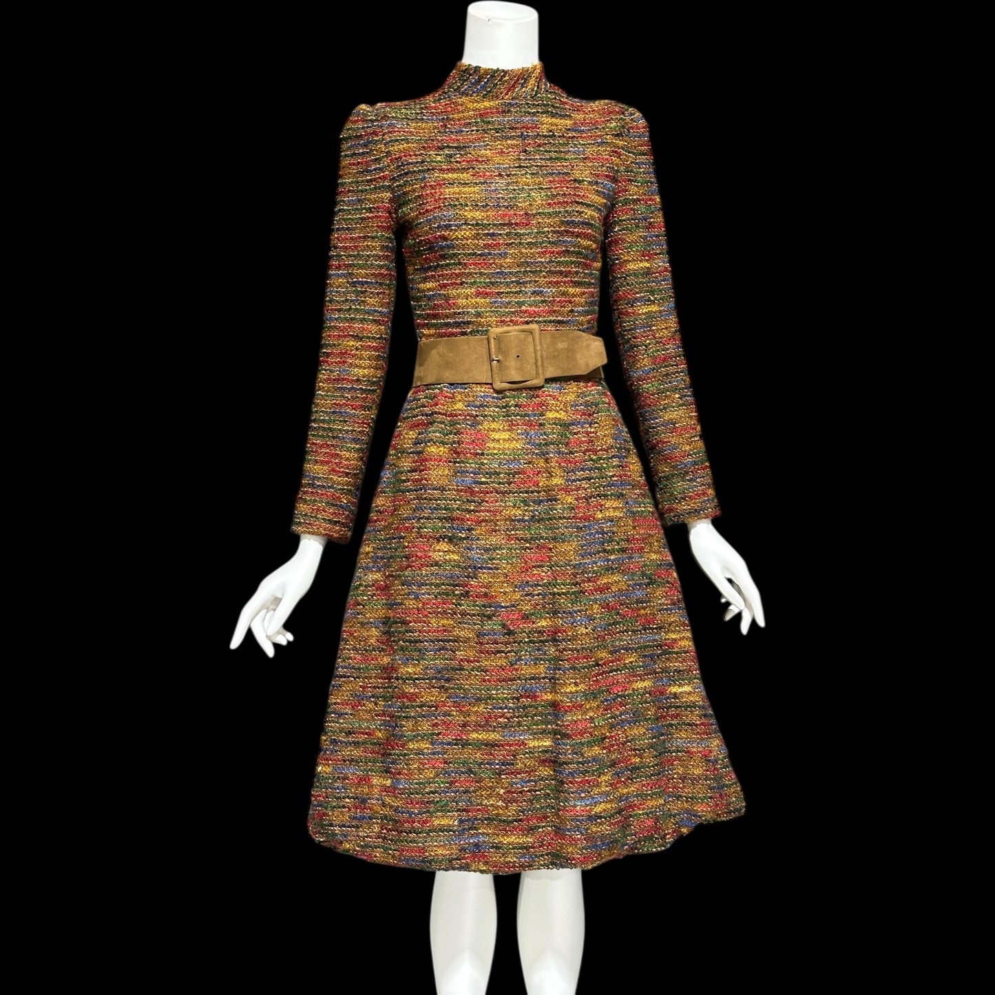 ARNOLD SCAASI vintage 1970s Day Dress, boucle wool & silk high neck dress
