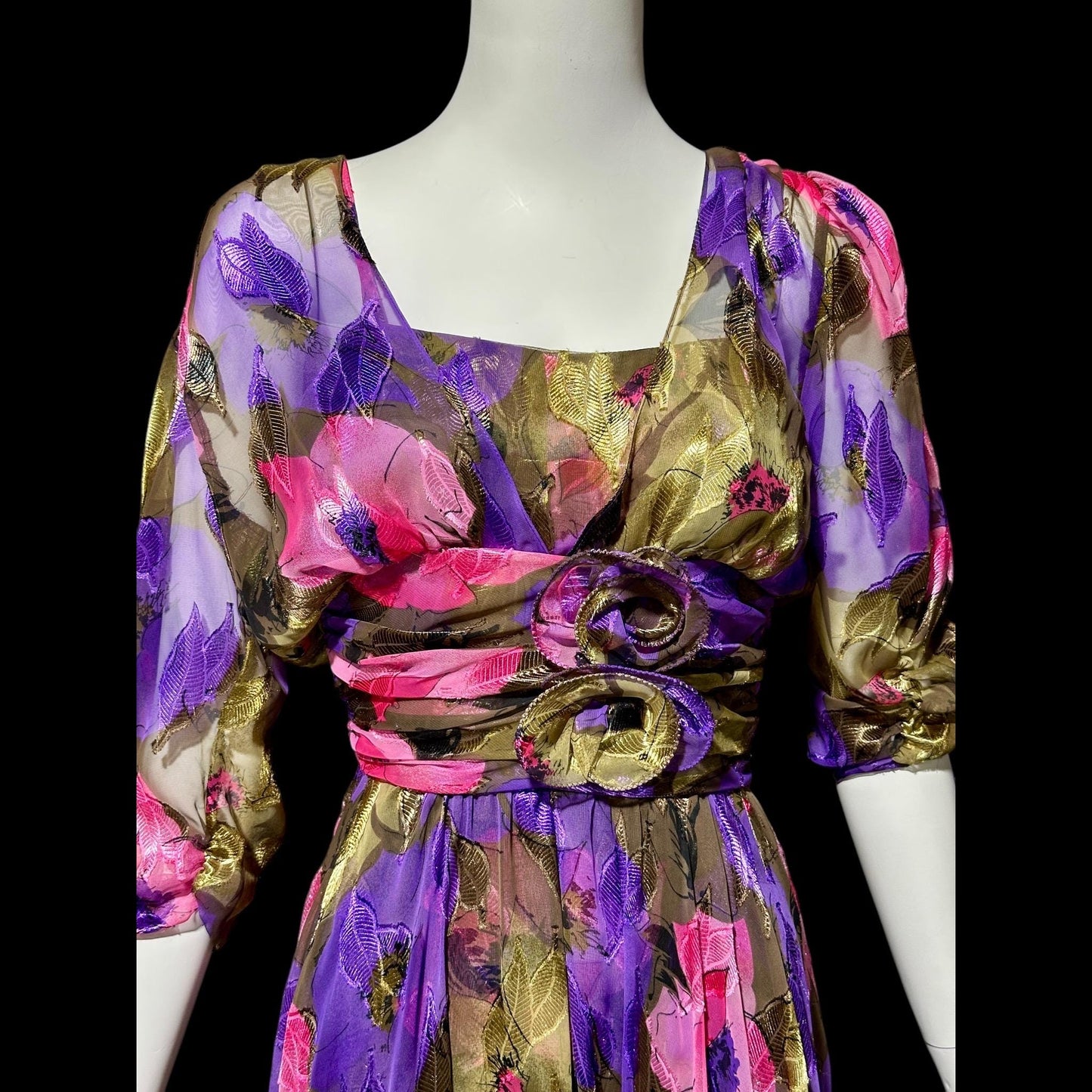 FRANK USHER LONDON, vintage 1980s evening dress, jewel tone floral chiffon with gold metallic