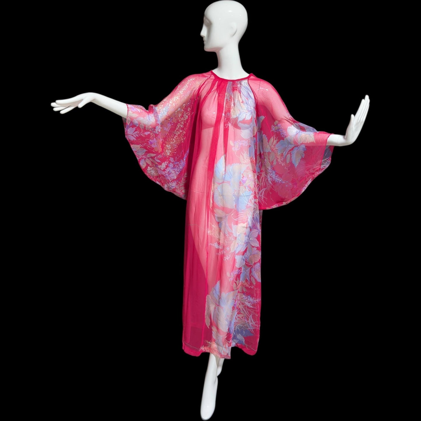 1970s Vintage sheer caftan, Sheer nylon raspberry pink with Hawaiian flowers, loose house dress, hostess gown beach coverup