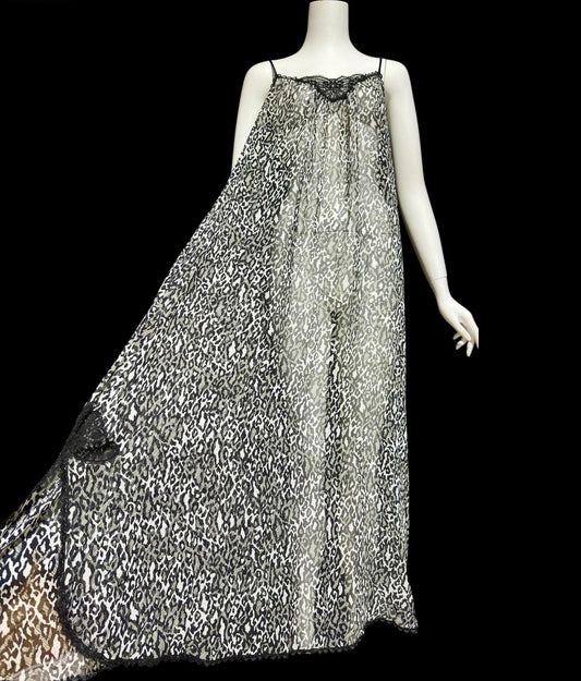 LUCIE ANN vintage 1970s nightgown robe peignoir set, black and white sheer animal print negligee slip dress set