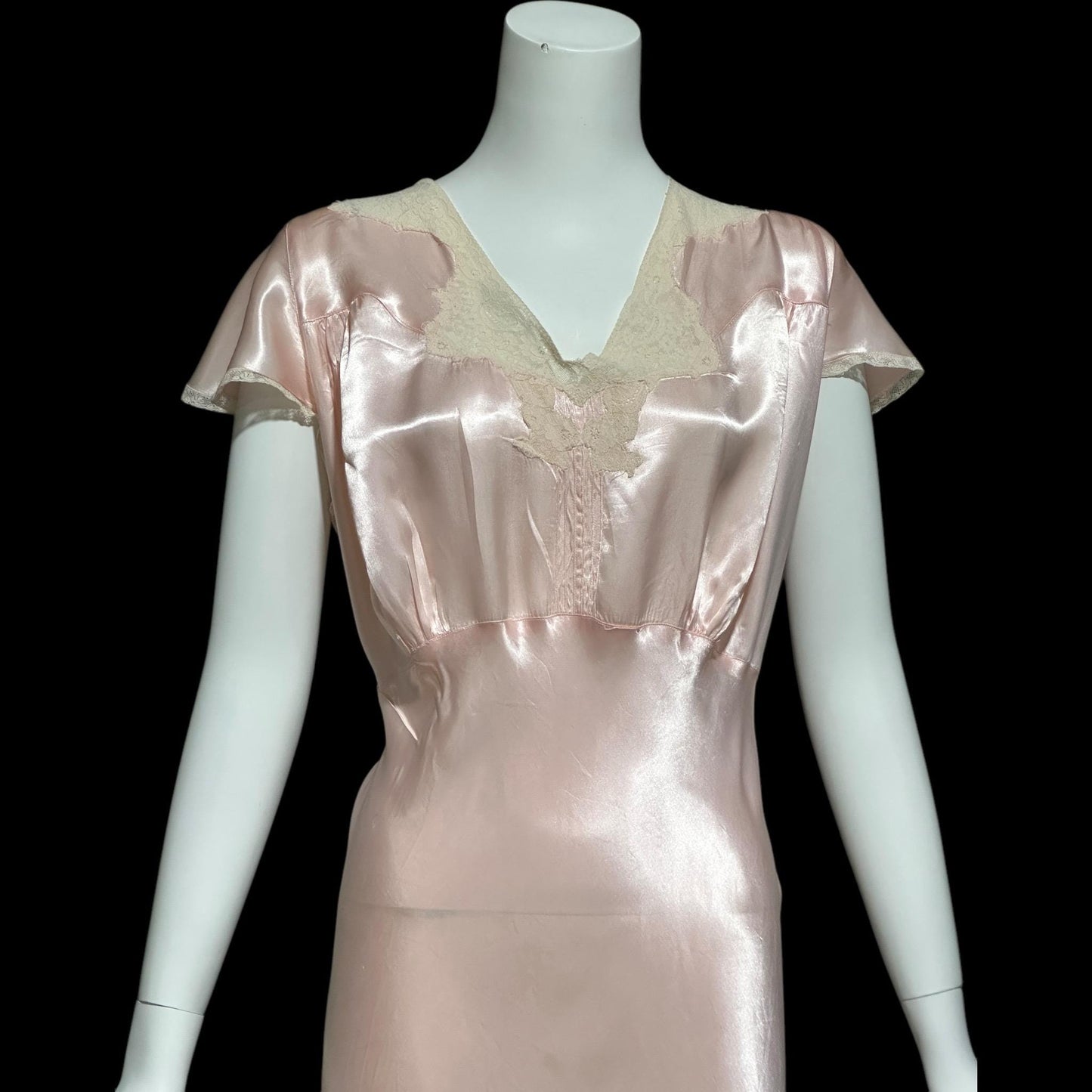SHIRLEY RAY, vintage 1940s nightgown, Shiny baby pink bias cut rayon slip dress, full length