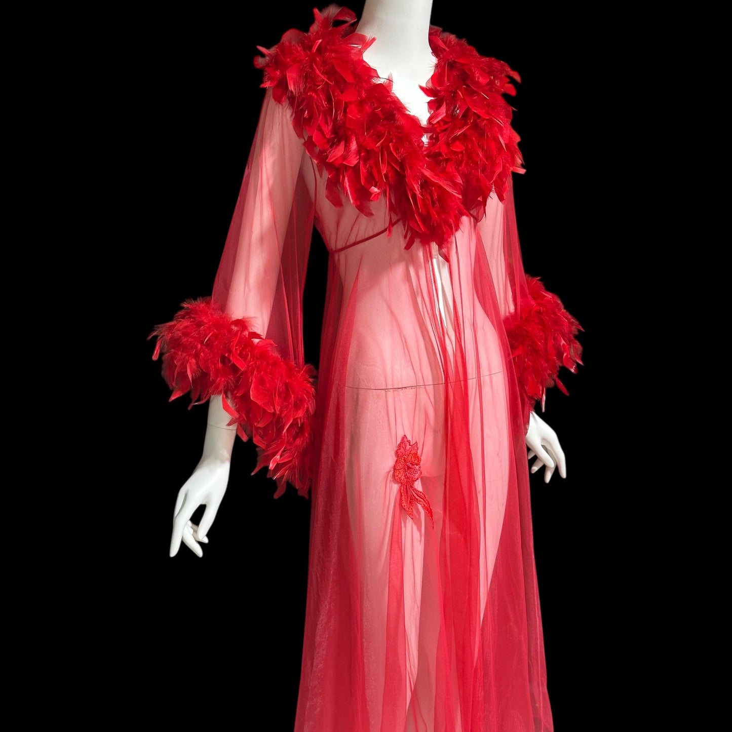 TRIANGLE vintage 1970s dressing gown, sheer bold red chiffon housecoat with feather trim, peignoir house coat