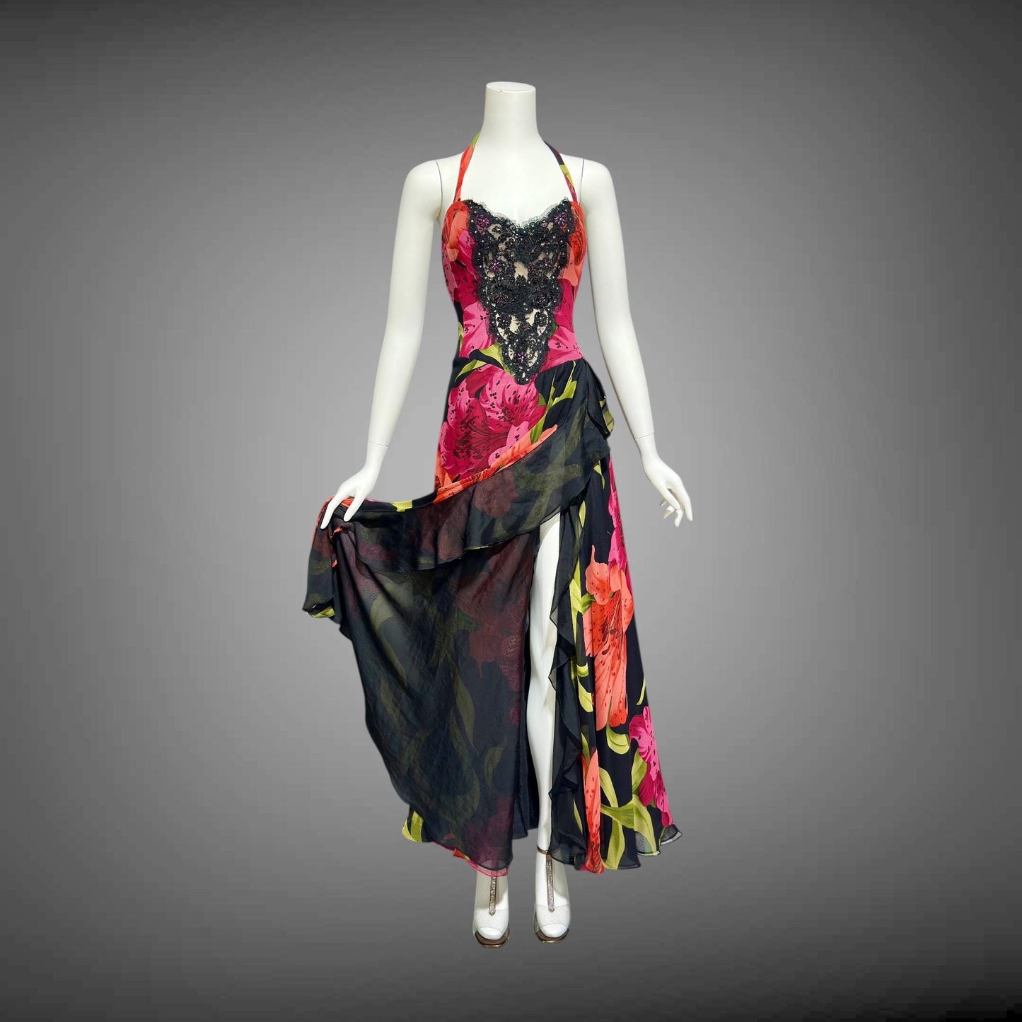 ROSE TAFT vintage 1990s evening dress gown, all silk pink and orange tiger lily floral chiffon halter gown