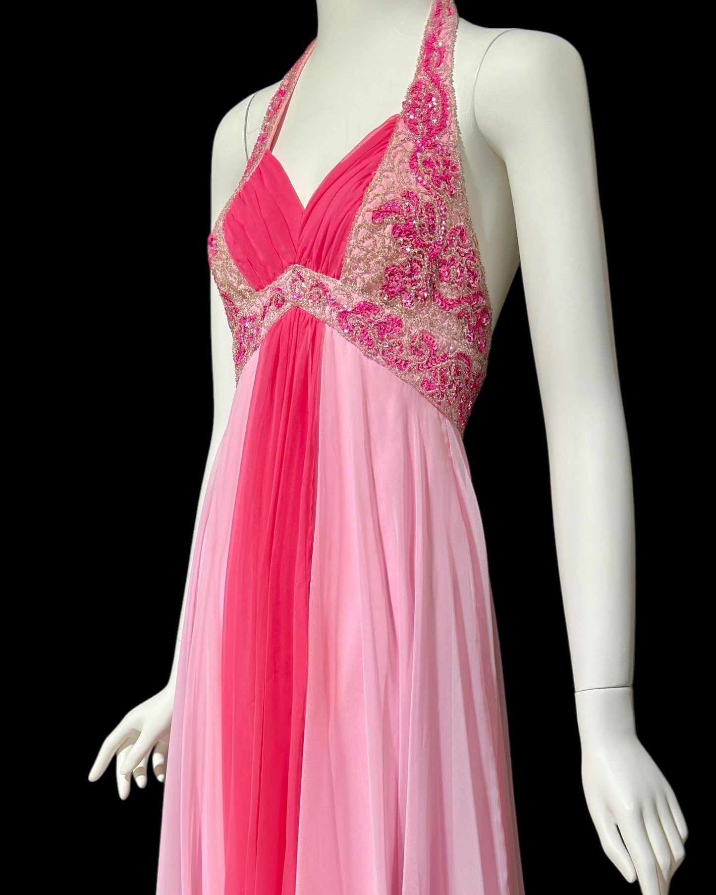 MIKE BENET evening prom dress, 1960s vintage pink chiffon beaded halter evening ball gown