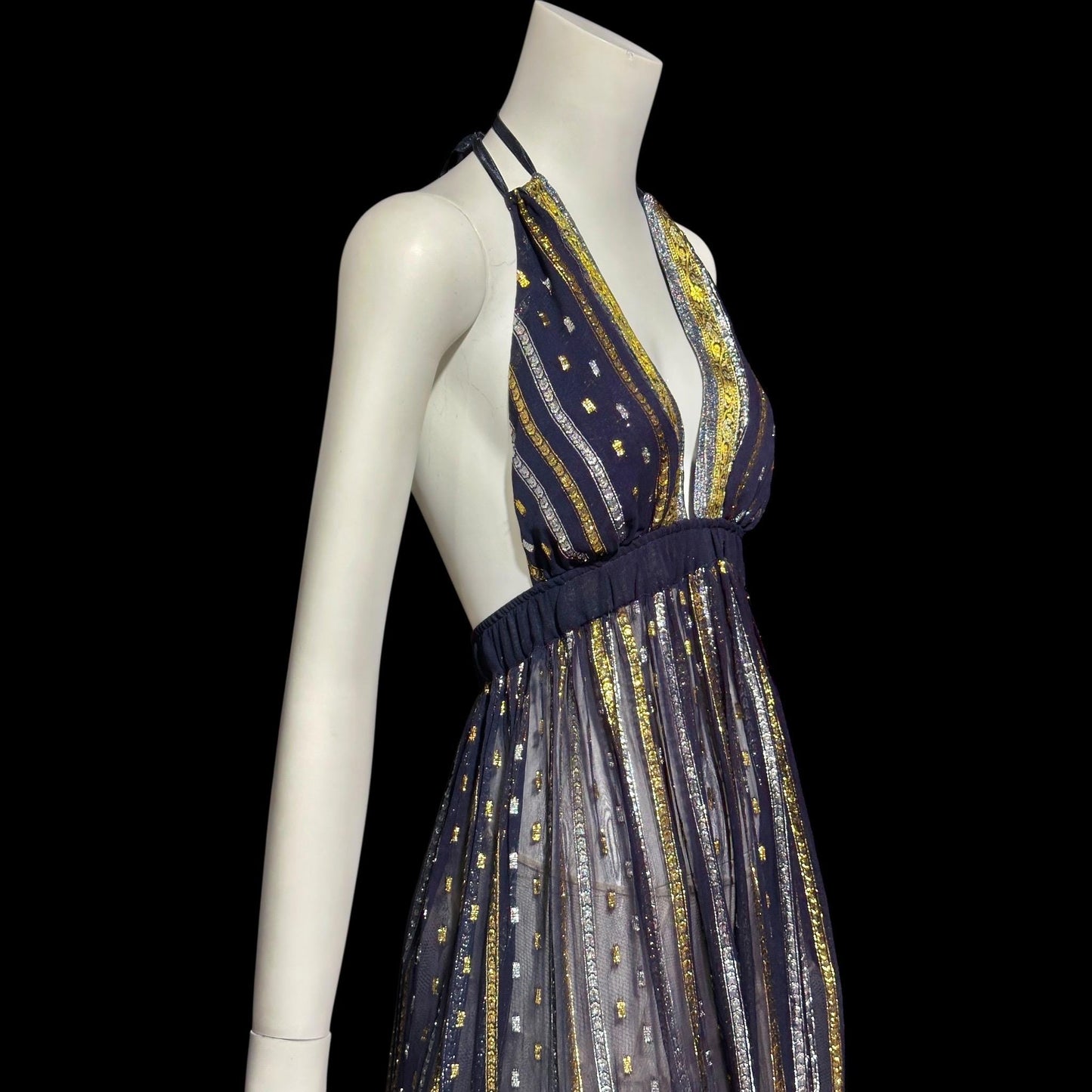 1970s Vintage Disco Diva evening party dress, sheer nylon and metallic halter gown, studio 54 disco