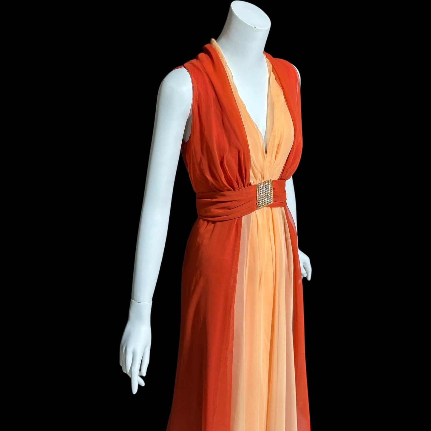 EMMA DOMB, vintage 1970s evening dress, rust and peach chiffon gown