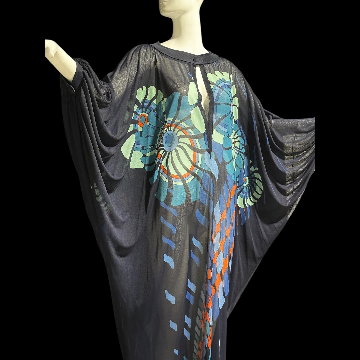 GOTTEX Vintage 1970s sheer kaftan caftan style dress, Sheer nylon navy blue Abstract flowers