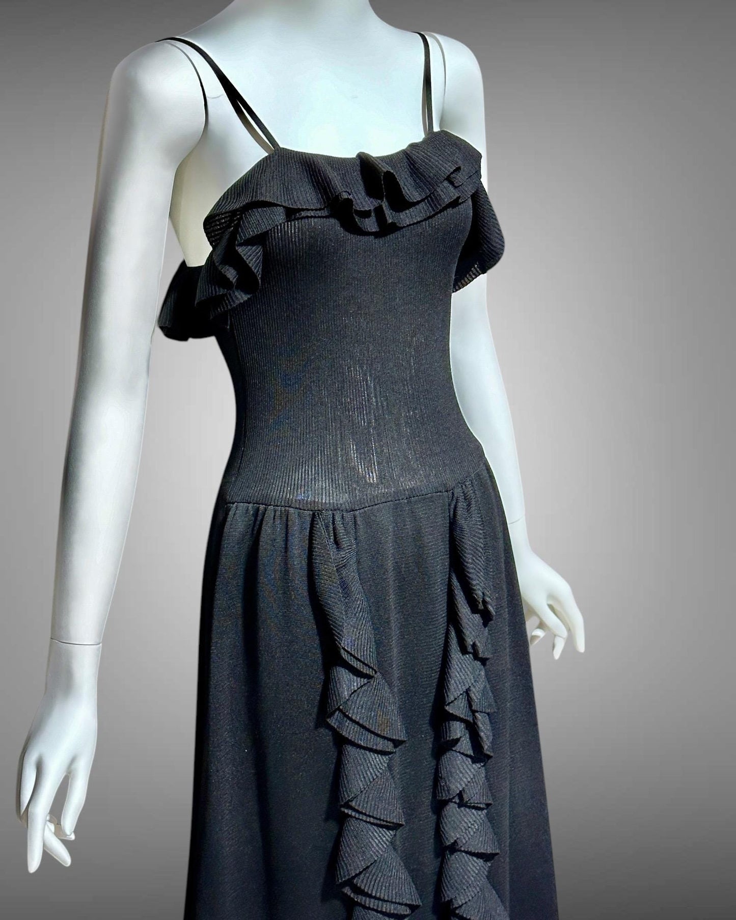 CRISSA 1970s vintage black knit ruffled slip dress, long maxi evening dress
