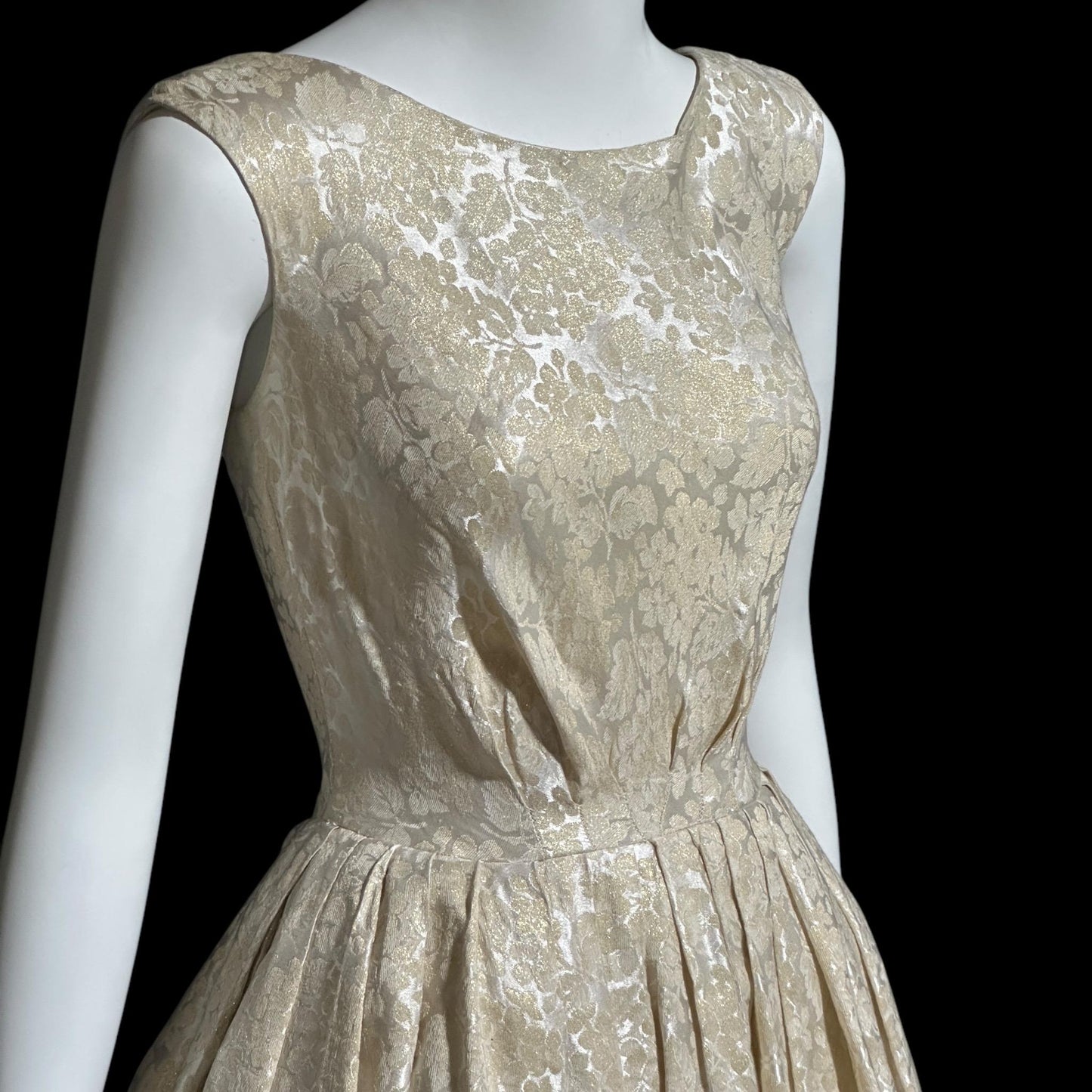ADORE by Doreen, vintage 1950s dress, shimmering damask cocktail party dress, fit flare pleated dress