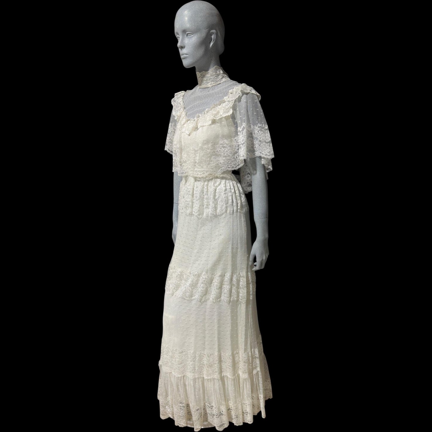1970s vintage Wedding dress, Gunne Vibes, White lace ruffle collar gown, Victorian Hippie Bohemian dress