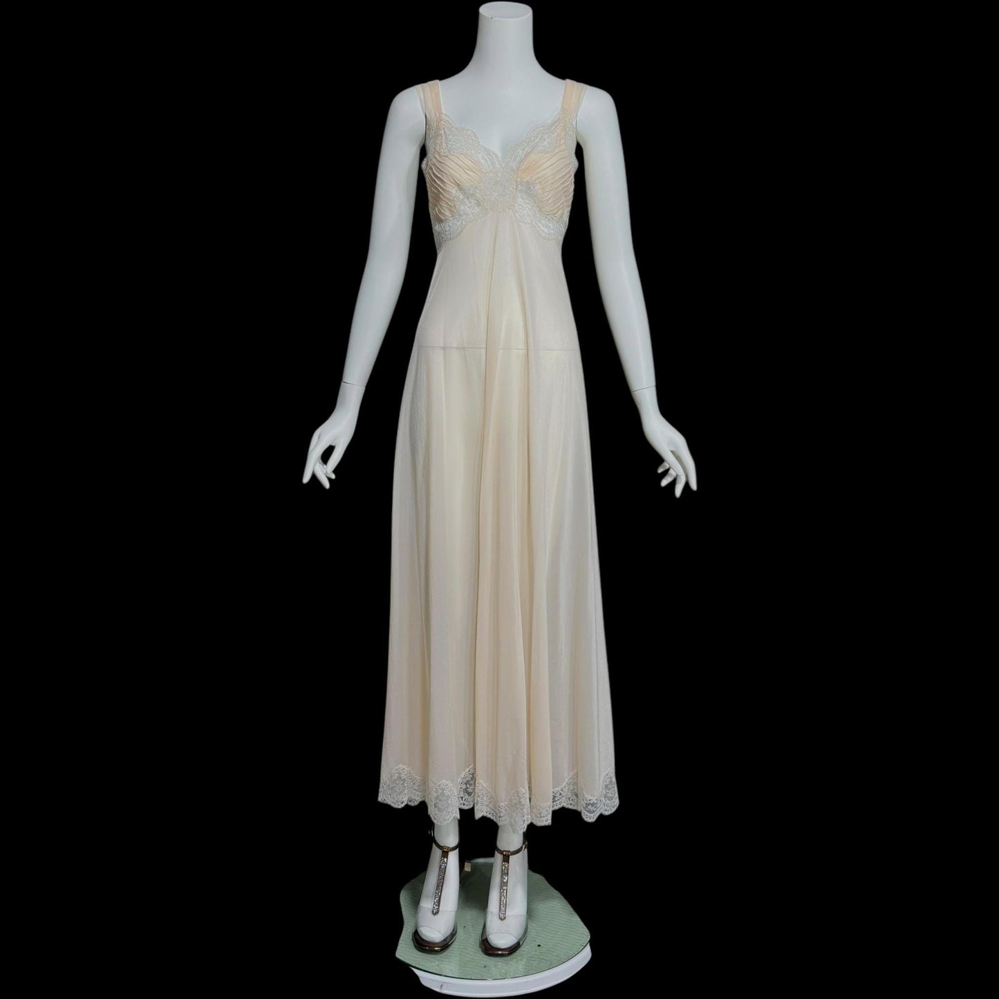 ROGERS vintage 1950s nightgown slip dress, ethereal soft peach chiffon and lace pin tucks, full length