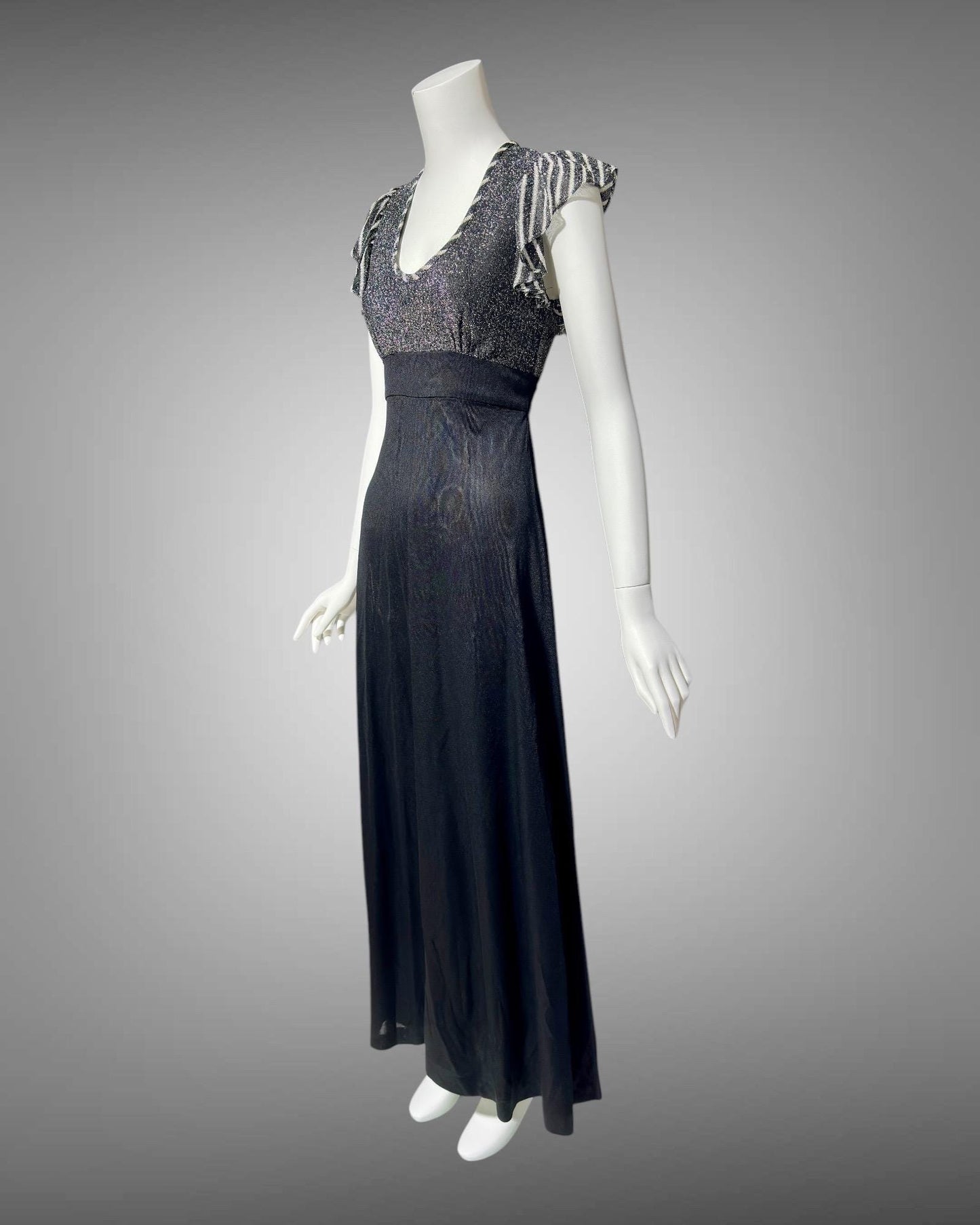 YOUNG INNOCENT by ARPEJA, 1970s vintage black jersey knit & lurex long dress