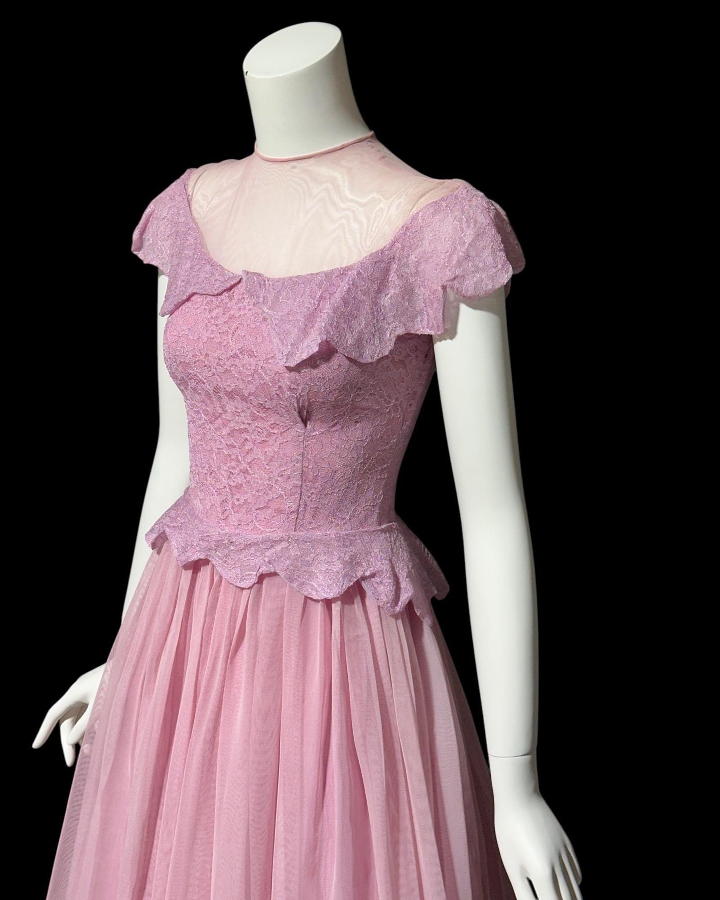 1940s vintage evening gown dress, Orchid purple mesh cupcake prom dress, illusion top with ruffle, peplum circle skirt