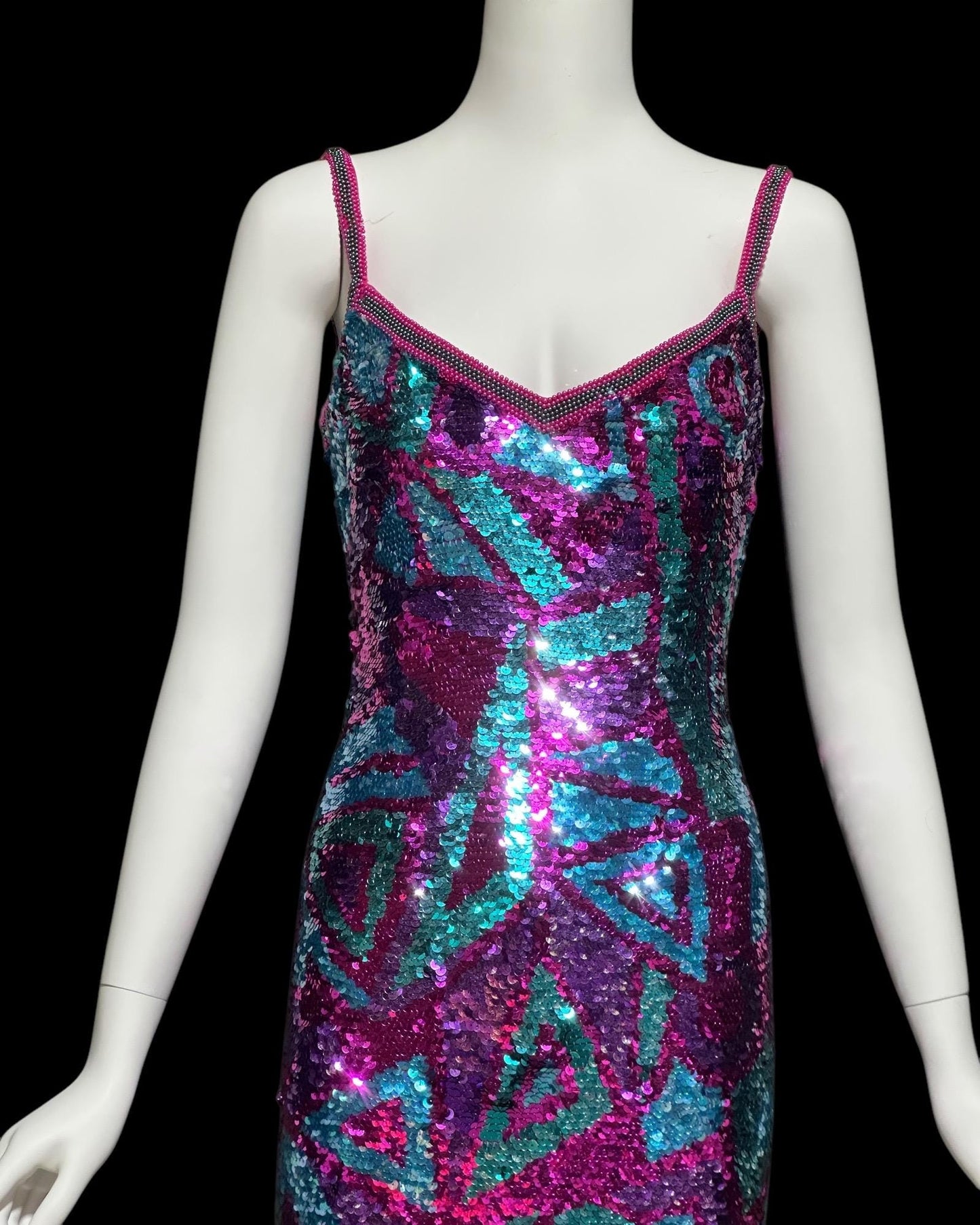 ALYCE vintage 1990s slip dress, sequin cocktail mini dress, Hot Pink jewel tone sequin
