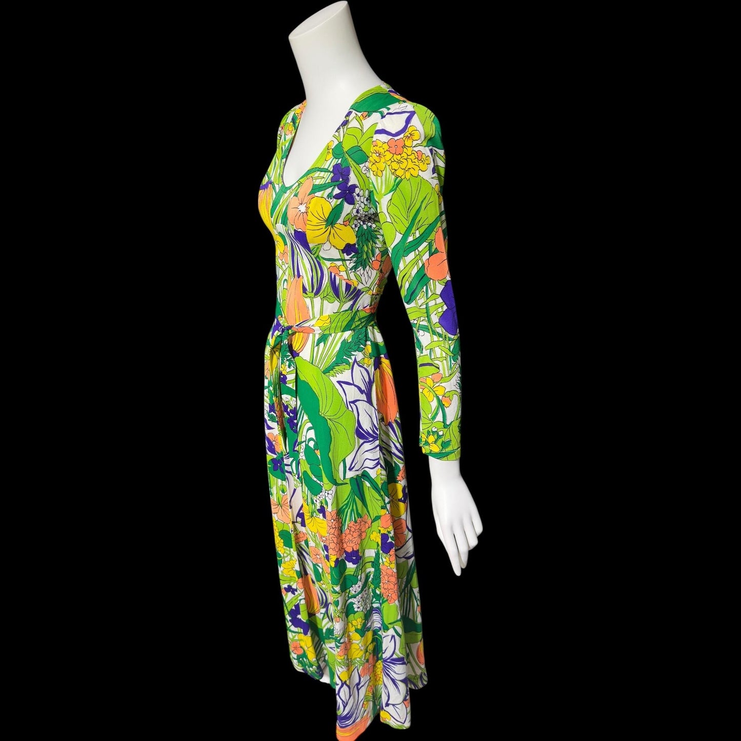 THE COMPANY, vintage 1970s maxi dress, slinky psychedelic floral print dress, long sleeve op art garden party day dress