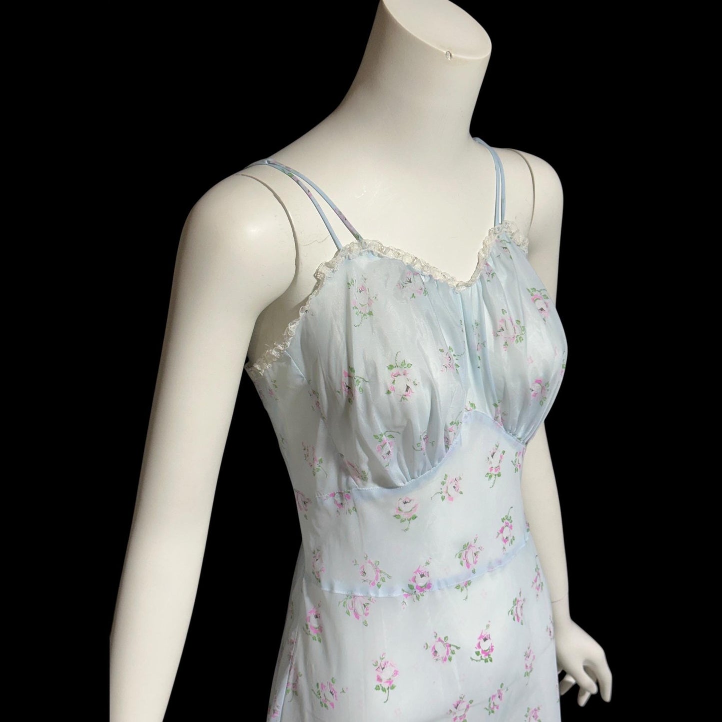 ALBERTA vintage 1940s nightgown slip dress, Sheer dusty blue with with pink rosebuds, Old Hollywood full length gown