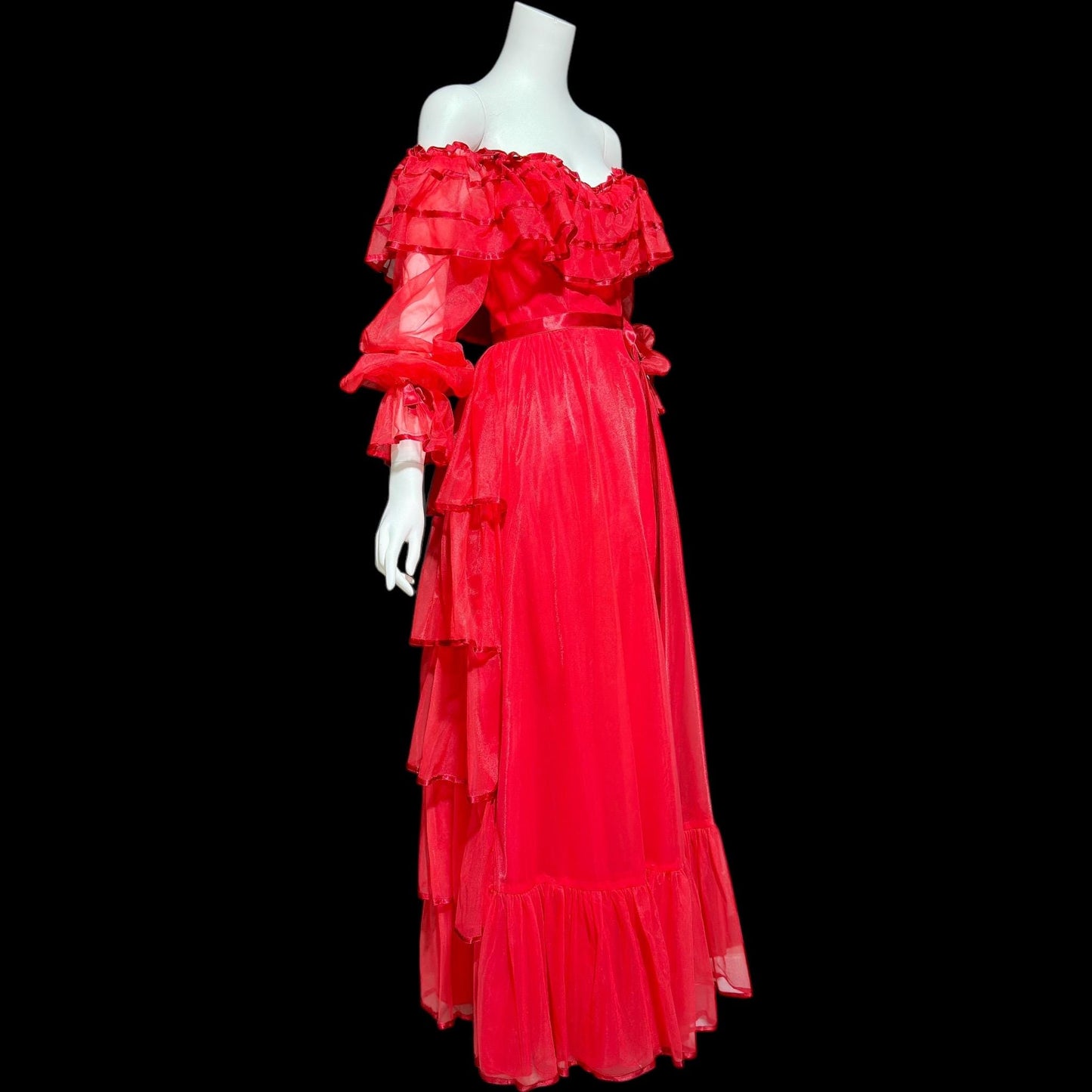 DANCE ALLURE, vintage 1980s evening dress, RED off-the-shoulder prom gown, ruffled tiered skirt