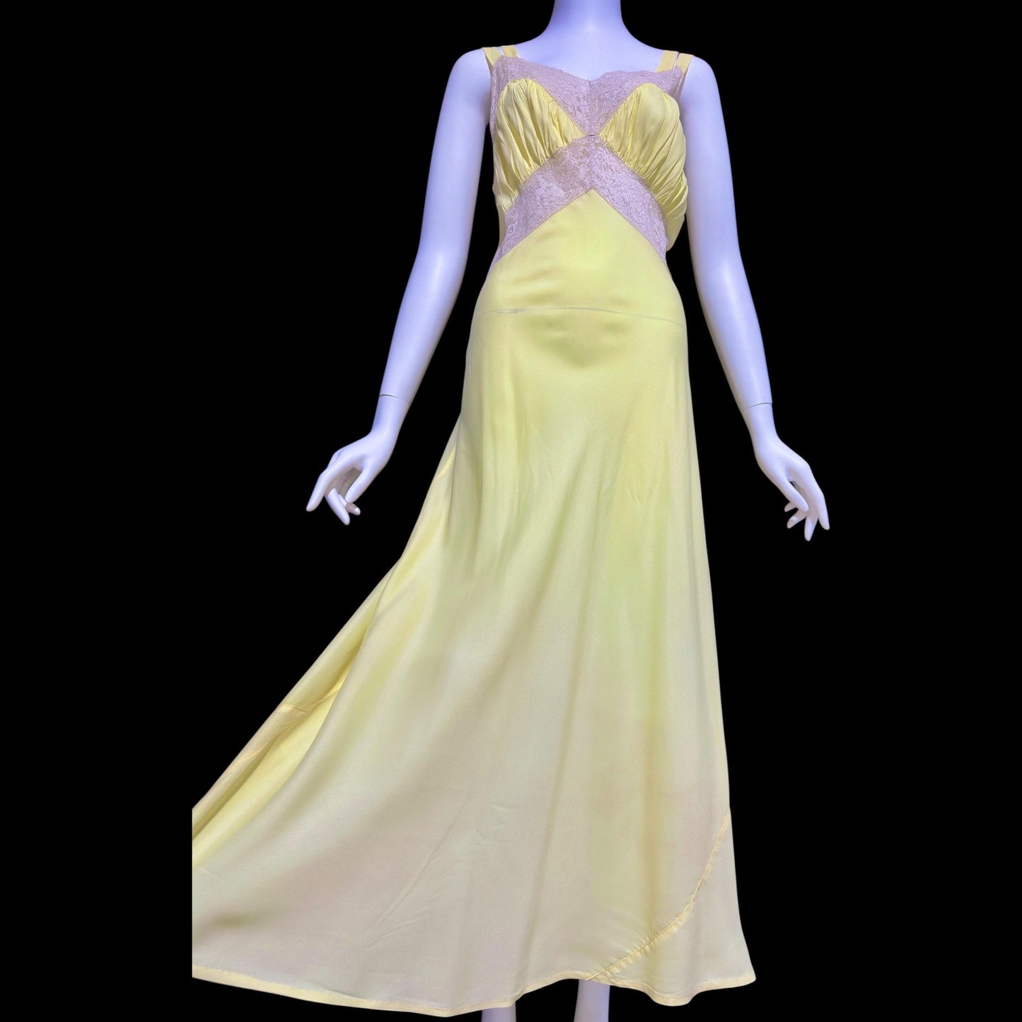 1930s vintage Nightgown slip dress, Sunshine Yellow bias cut lacy night dress, full length