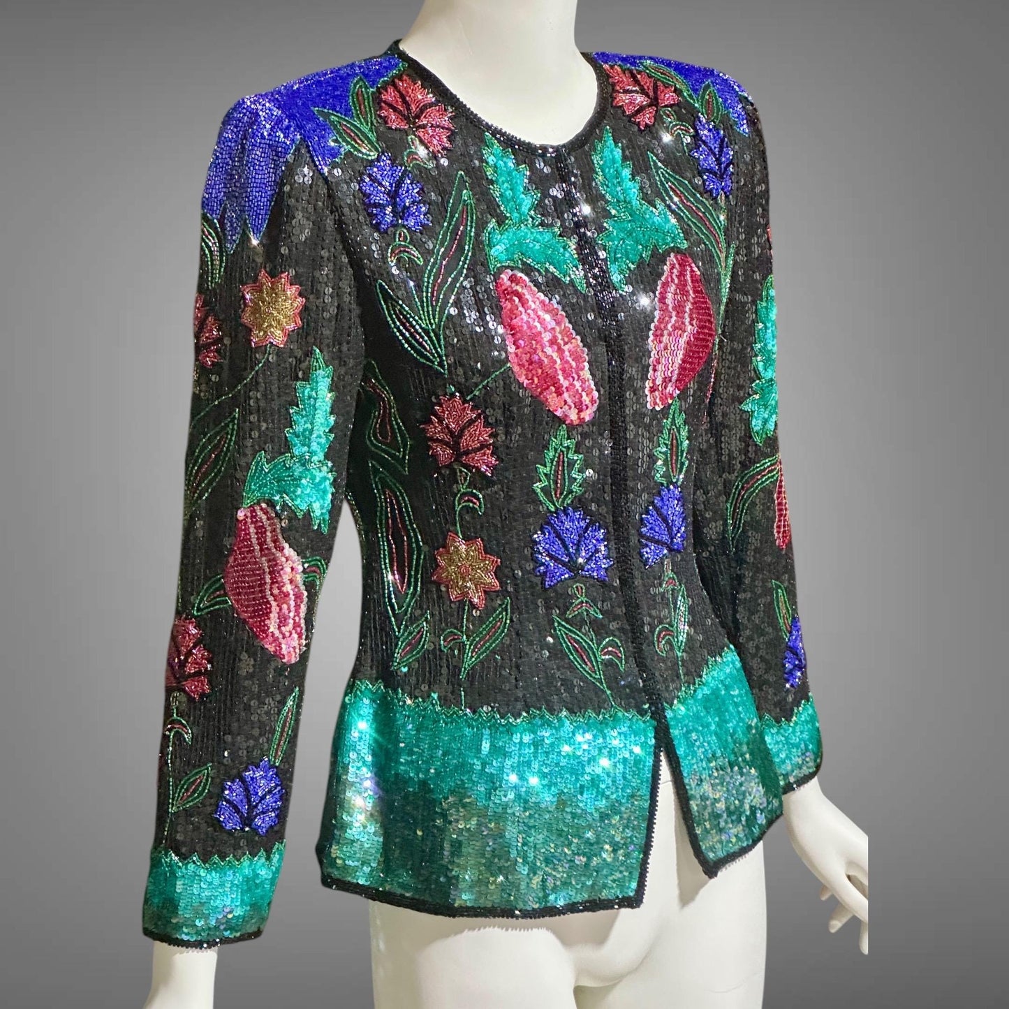 1980s vintage Evening jacket, vibrant jewel tone beaded and sequins princess cut elegant cocktail party jacket blouse top
