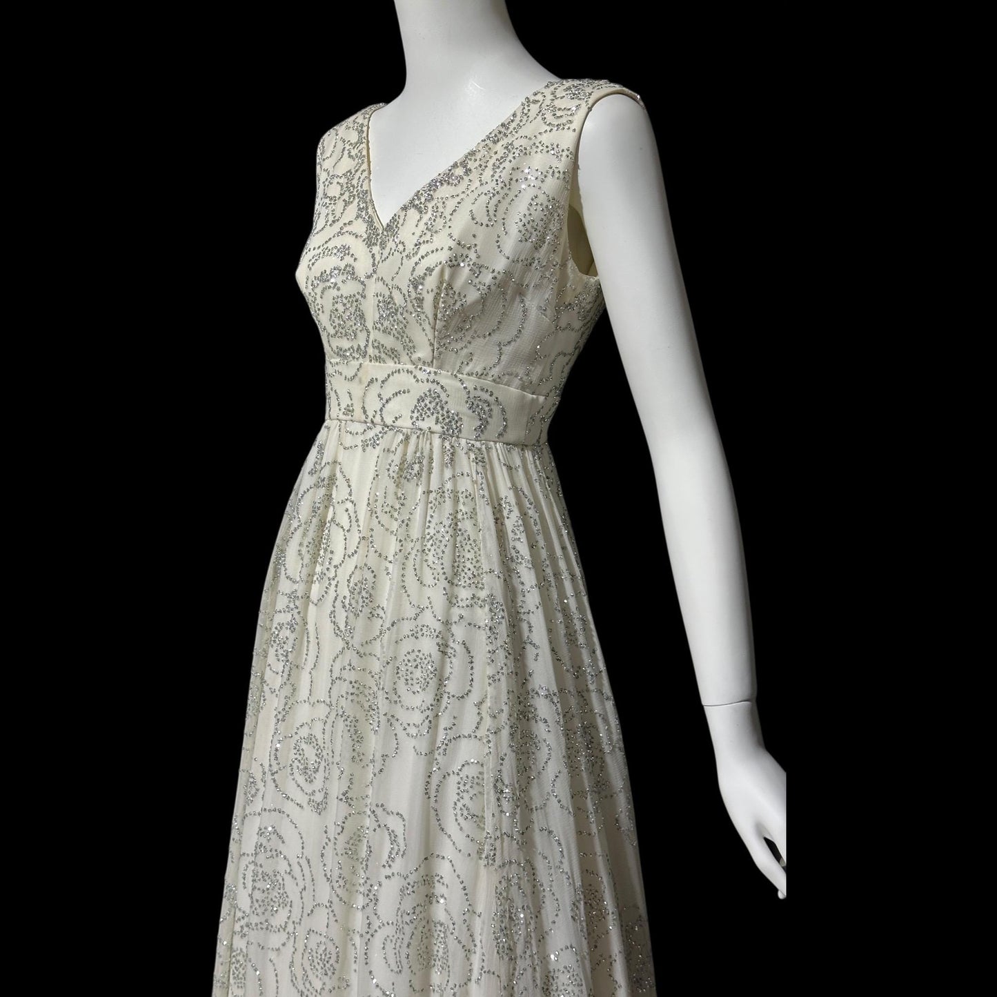 1960s vintage evening dress gown, white chiffon with sparkly silver rose sequins wedding bridal gown