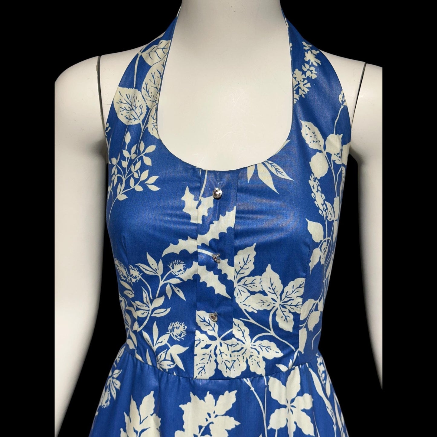1960s vintage floral maxi dress, Blue white boho hippie halter full ruffle dress, polished cotton summer party sundress