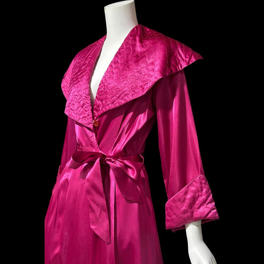 GLORIA NEW YORK, vintage 1940s dressing gown robe, Magenta slipper satin huge collar wrap front housecoat