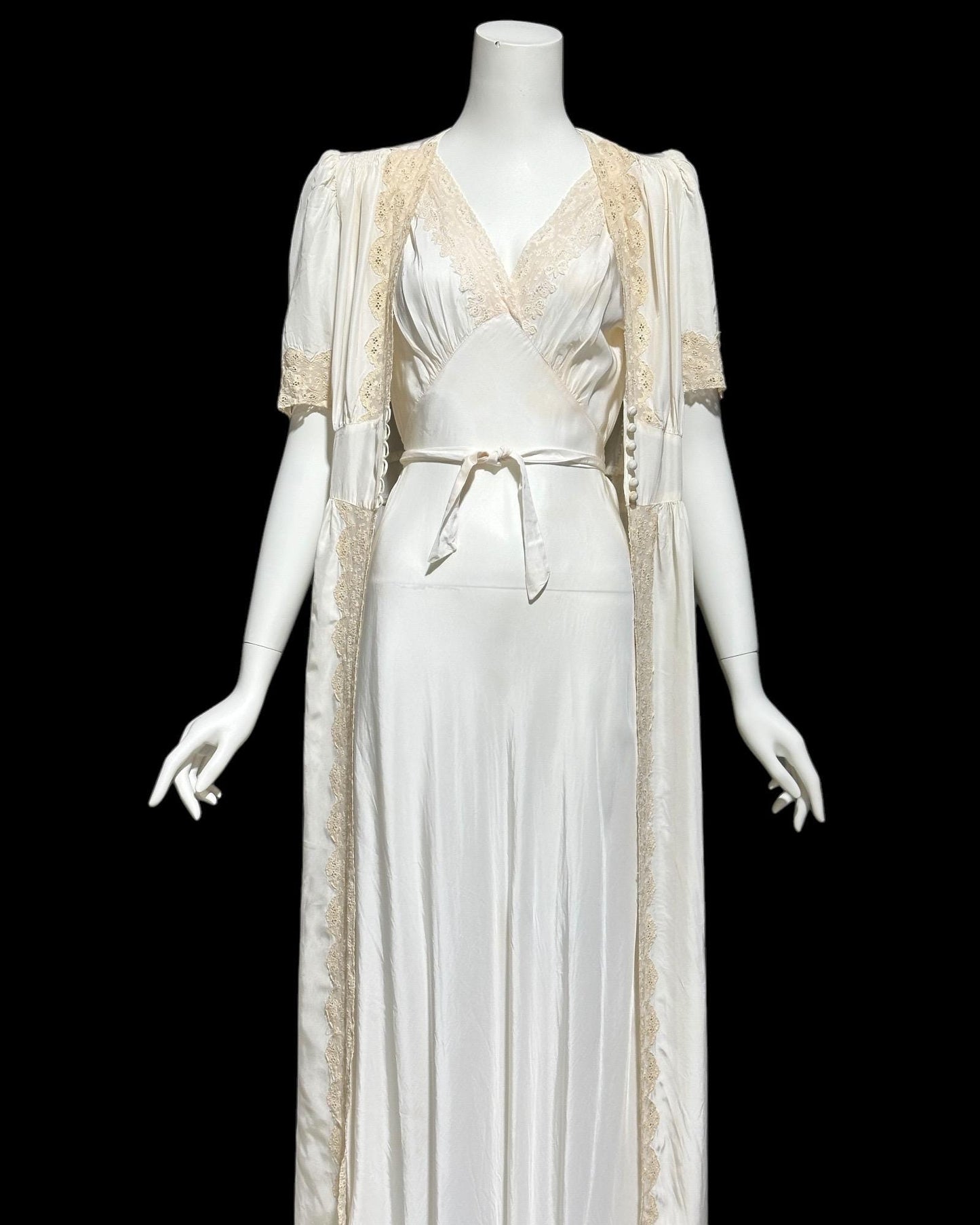 TULA, vintage 1940s peignoir set, white sheath slip dress robe set