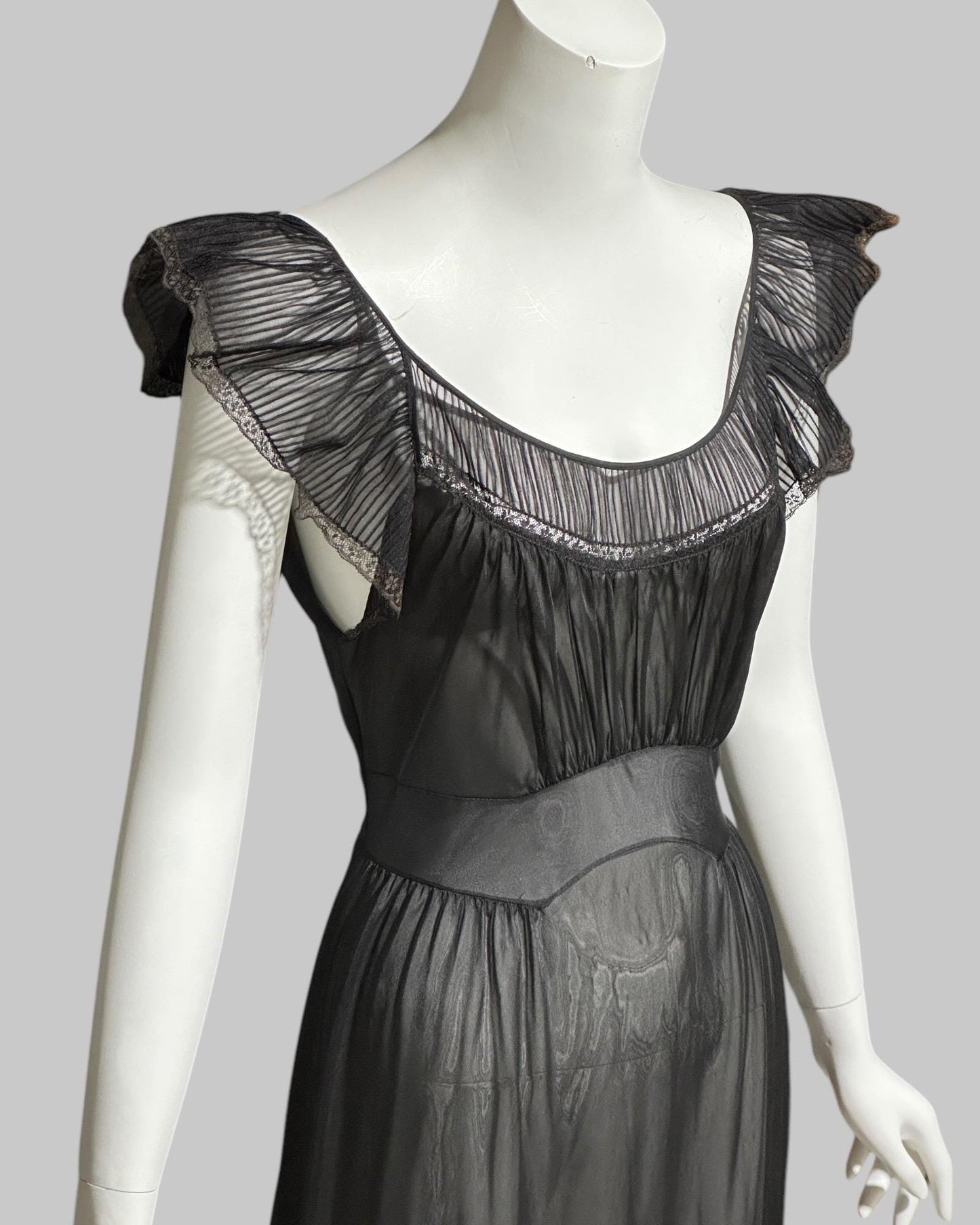 KAYSER vintage 1950s nightgown slip dress, ethereal sheer black chiffon and lace micro pleat gown
