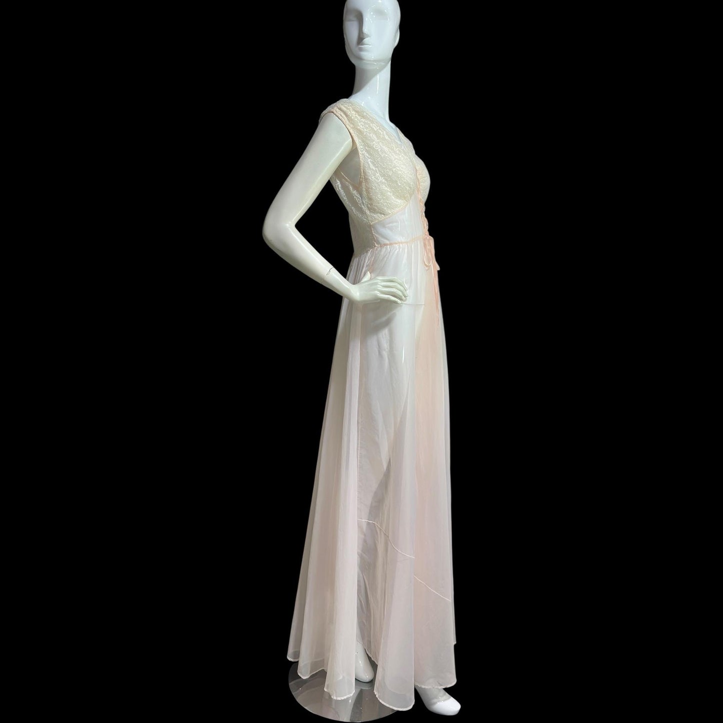 ODETTE BARSA vintage 1940s nightgown slip dress, Sheer pale pink with white lace full sweep Old Hollywood gown