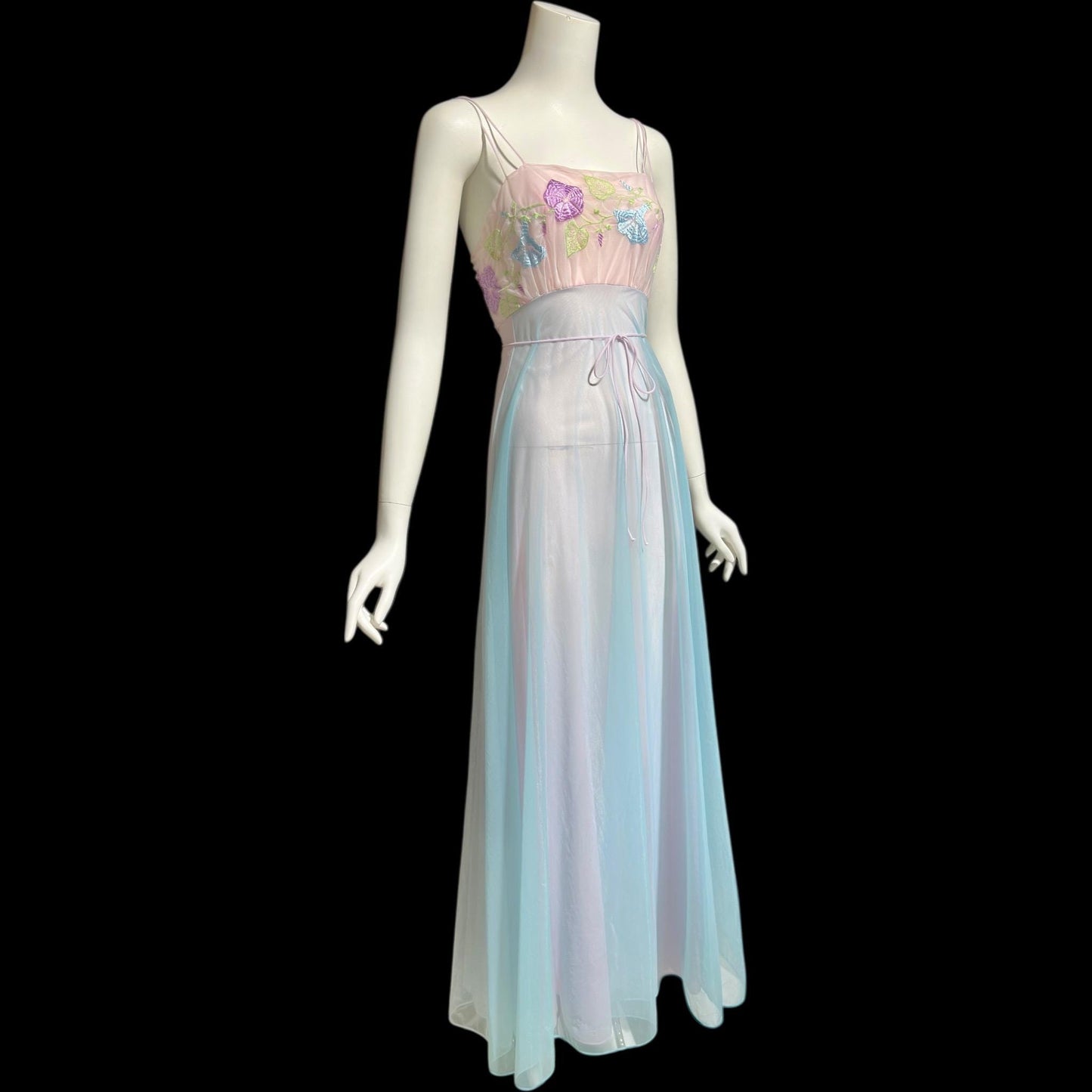 VANITY FAIR, vintage 1950s nightgown slip dress, pastel sorbet sheer chiffon embroidered goddess gown