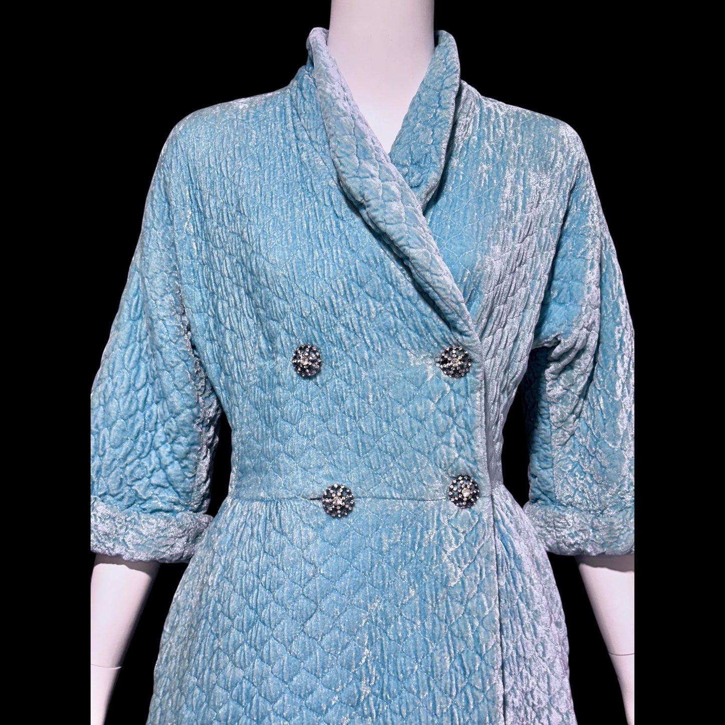 B COHEN ORIGINAL, vintage 1940s dressing gown robe, quilted robin's egg blue double breasted wrap front housecoat