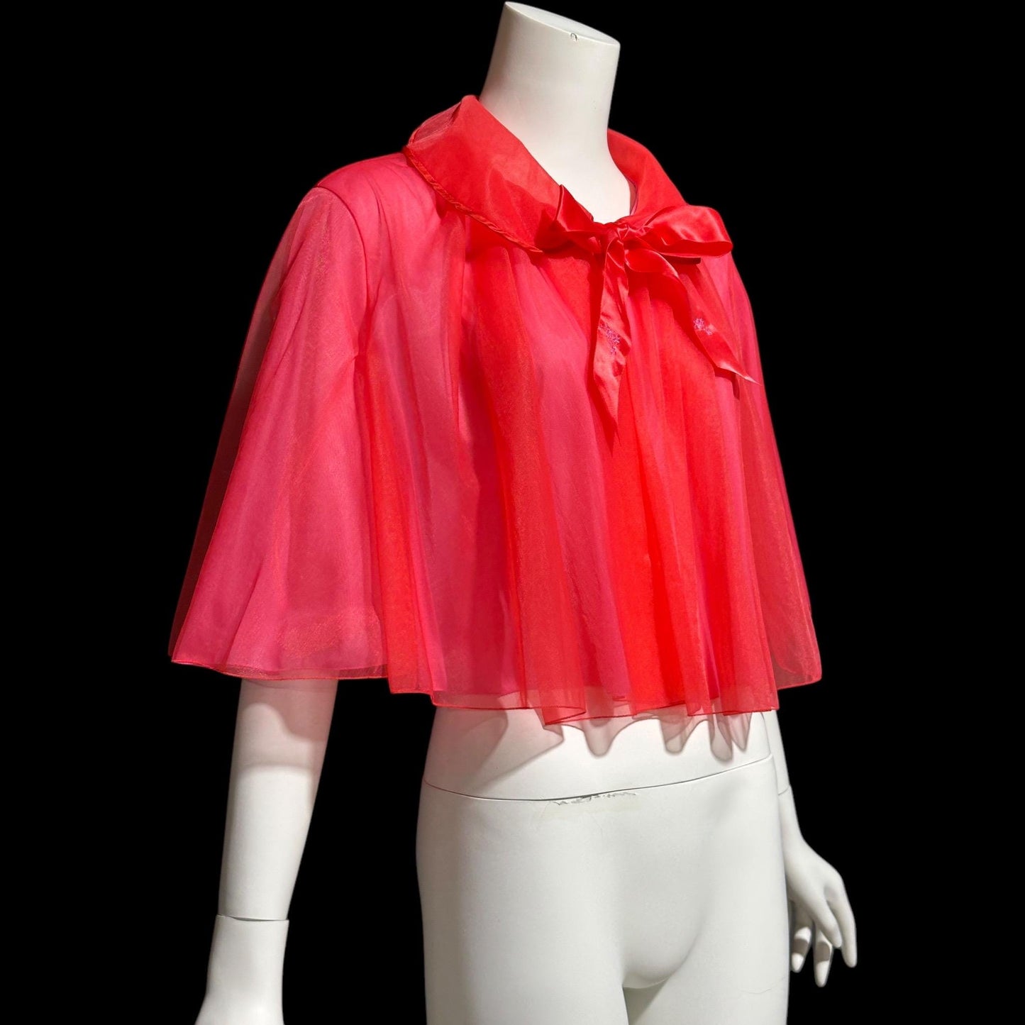1950s vintage bed night jacket, Cherry Red & Hot Pink double layer chiffon cropped swing style jacket