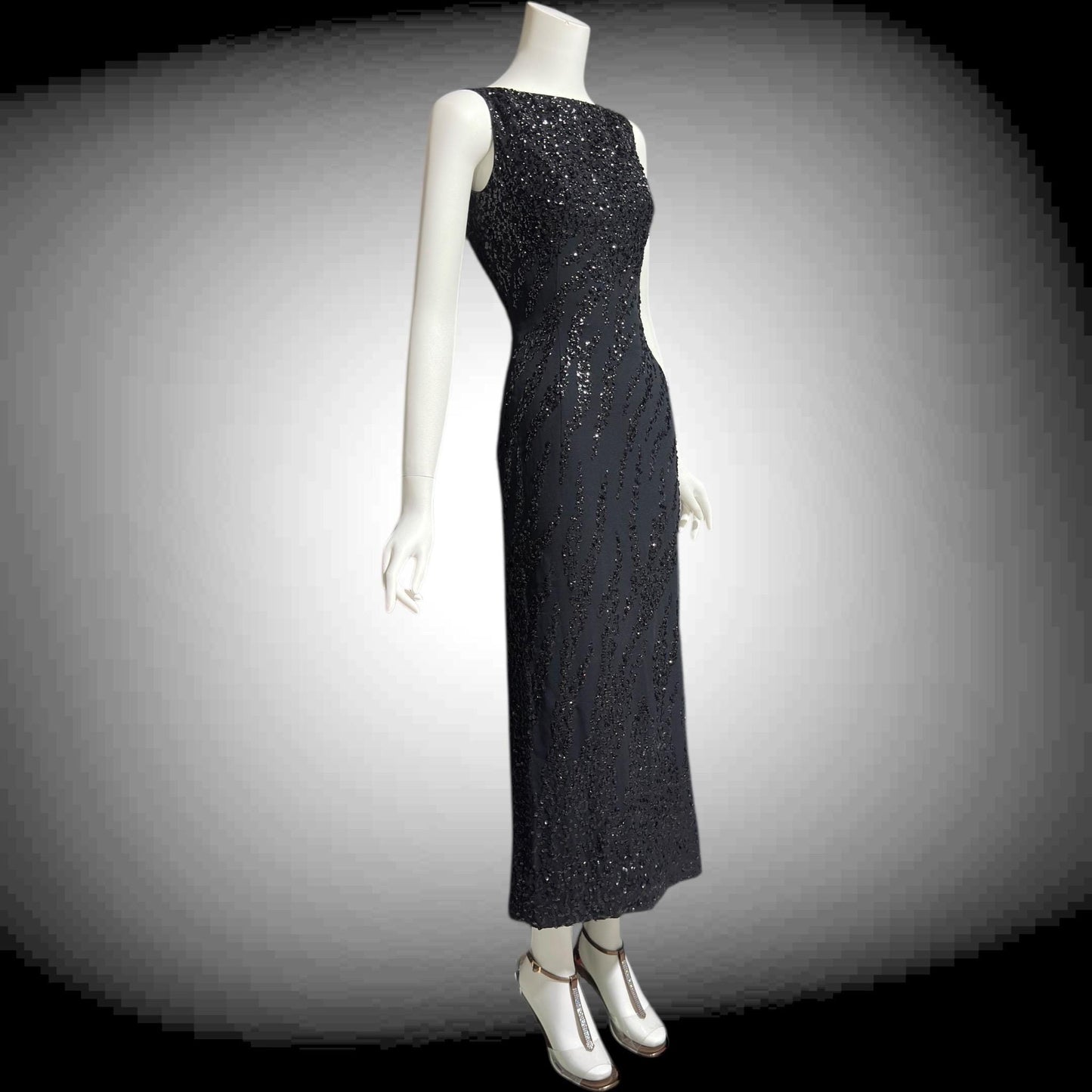 FRANK STARR Vintage 1960s evening gown dress, Lord & Taylor, black sequin sheath evening gown