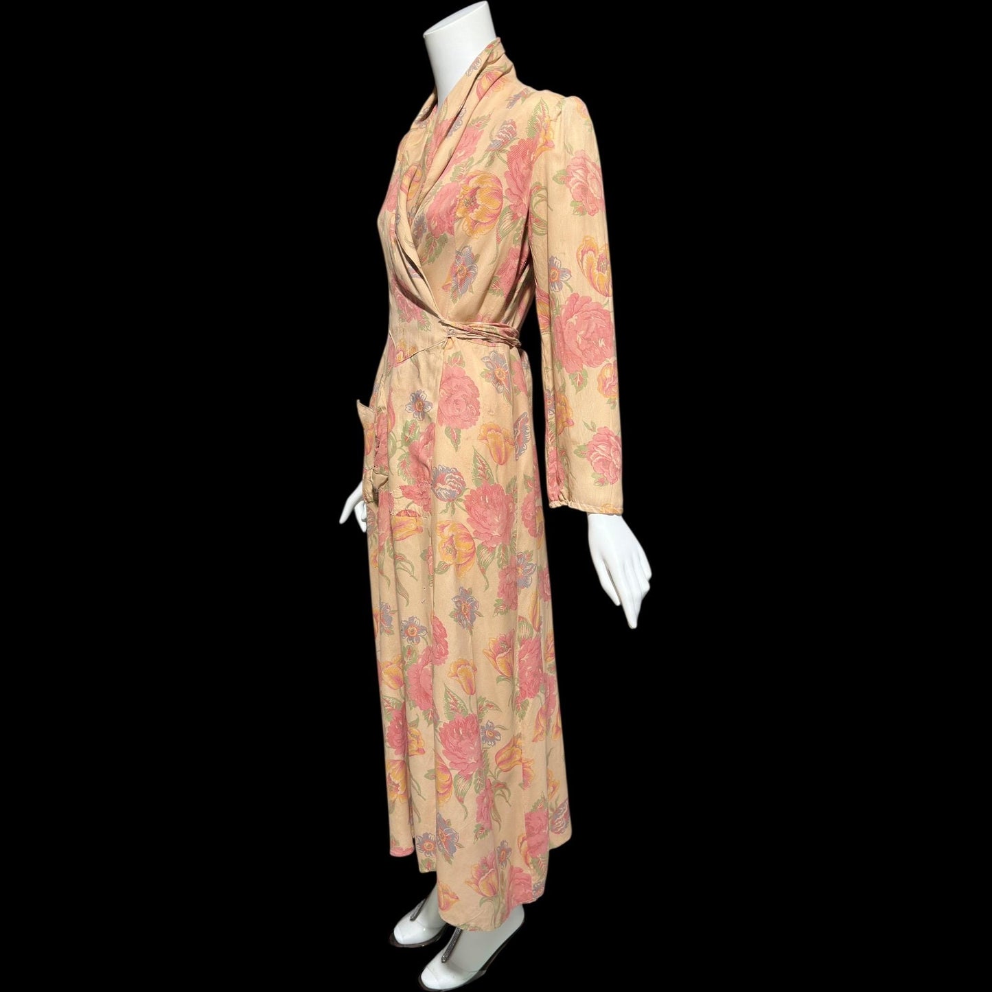 1930s vintage silk chintz floral robe, Dusty pink wrap front long house coat, Rehabilitated Wounded Bird