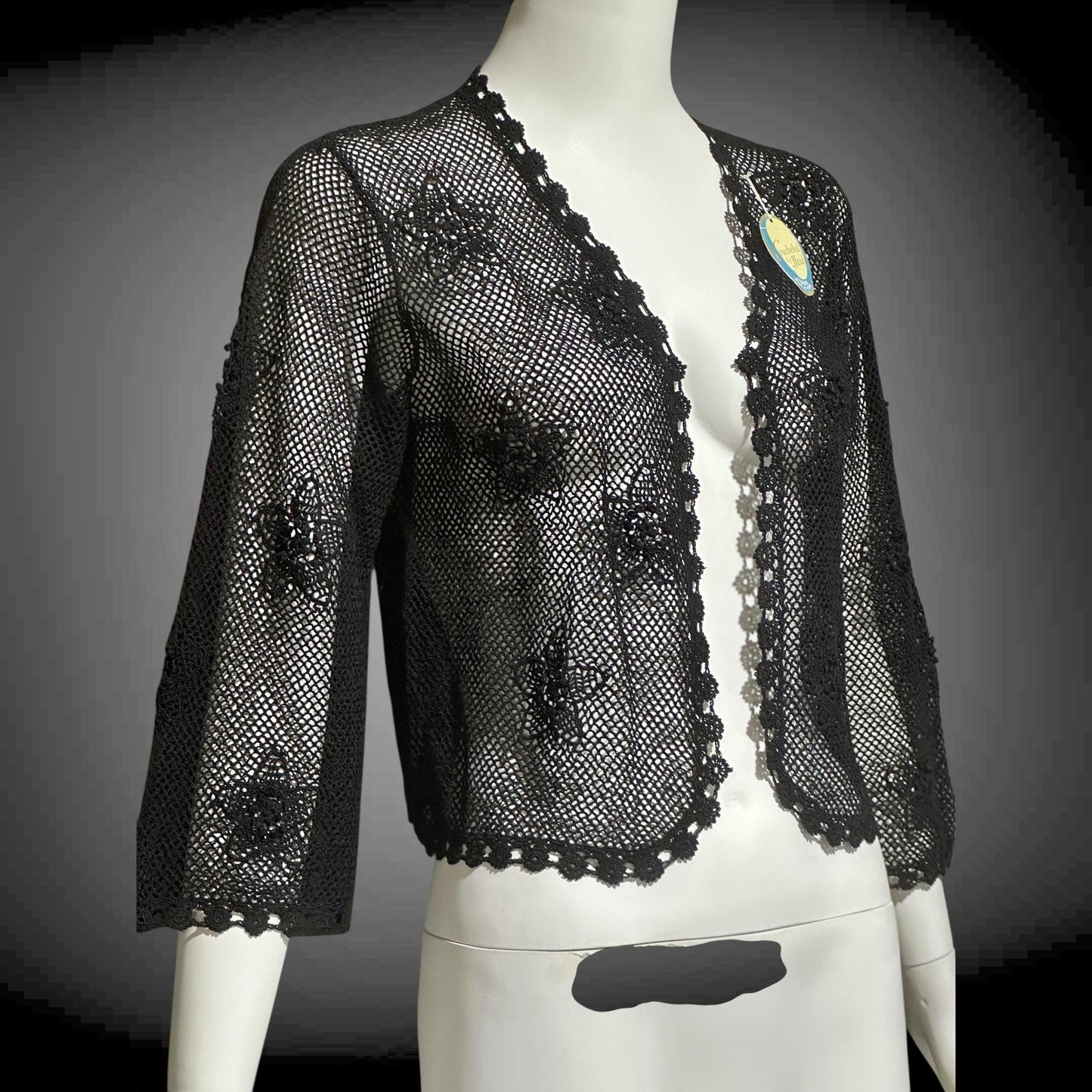 1950s vintage crochet cardigan, black 100% cotton Hand Made Shanghai cropped sweater