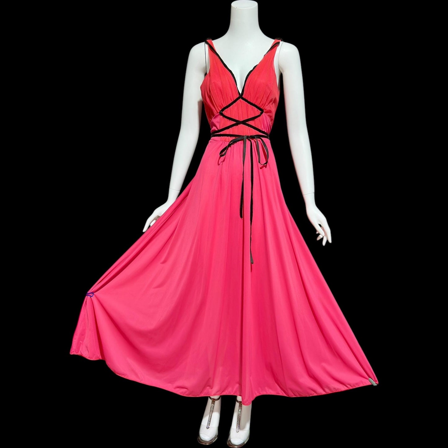 SCHIAPARELLI, vintage 1950s nightgown slip dress, shocking pink and lipstick red full length slip dress, Grecian Goddess gown