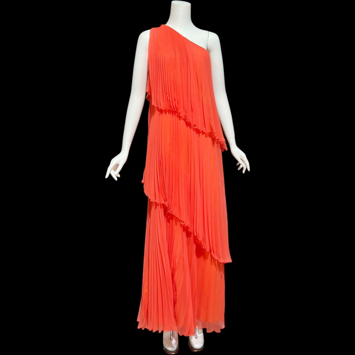 ESTEVEZ Vintage 1970s evening dress gown, Orange One Shoulder Pleated Chiffon full length gown