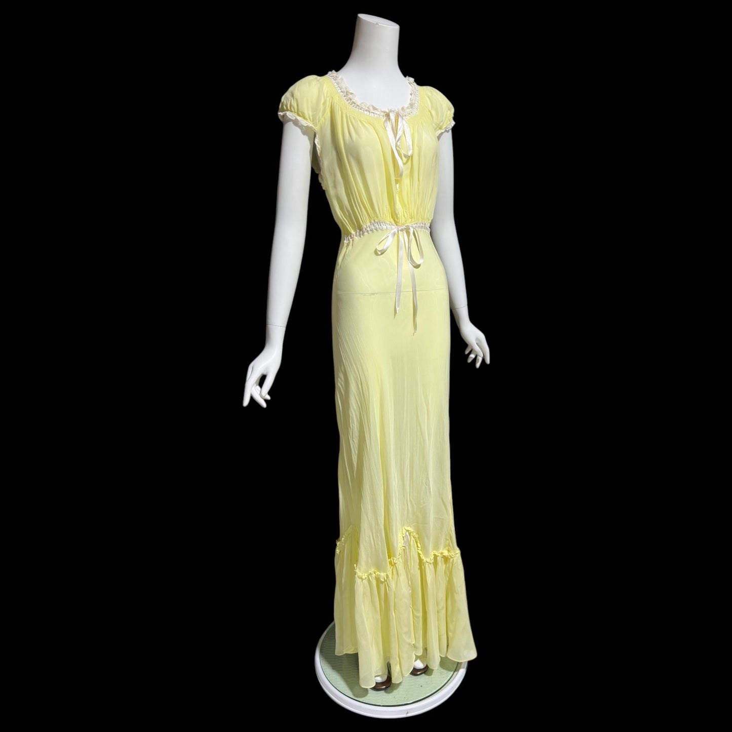 VELMA, vintage 1940s nightgown, butter yellow bias cut rayon slip dress, full length ruffle bottom, cap sleeves
