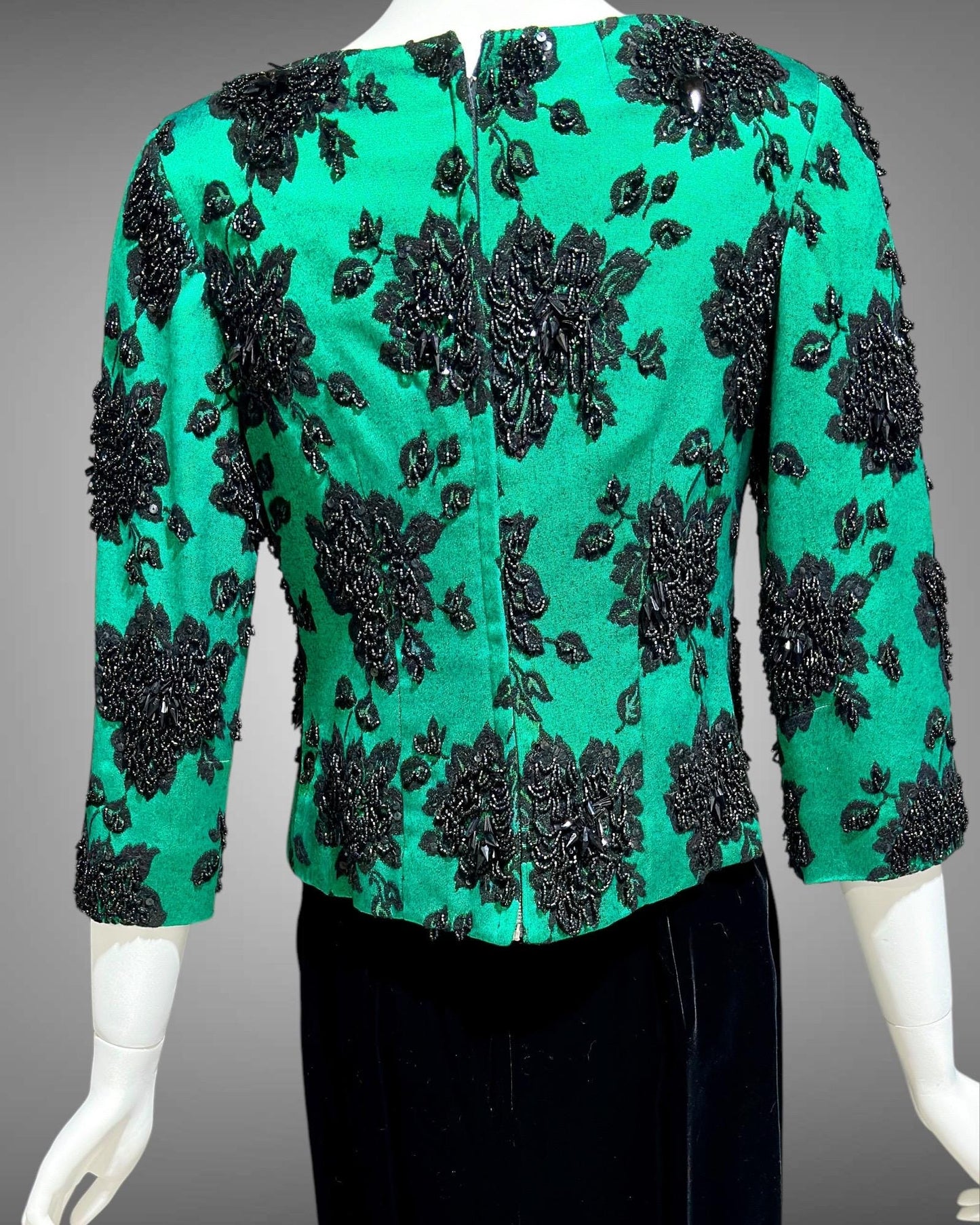 SAKS FIFTH AVE 1960s vintage evening dress, Beaded Black Velvet Green Satin 2 piece long dress