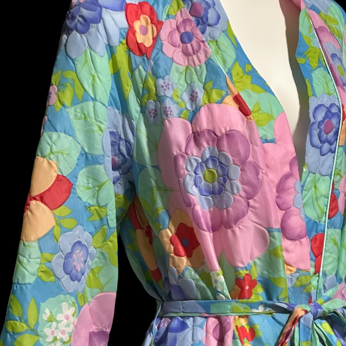 STELLA FAGIN, vintage 1960s Robe, Long Airy Blue and Pink Embossed Flower Wrap Front dressing gown