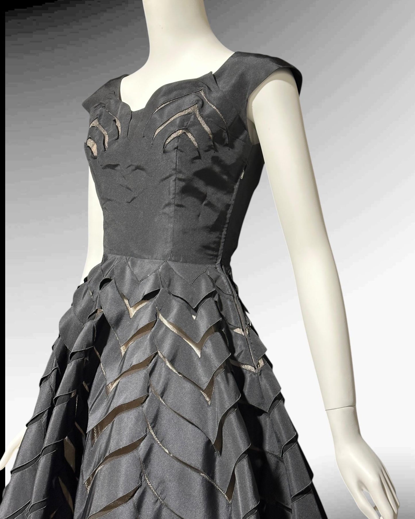 OLDRIC ROYCE, vintage 1950s dress, black cutout fit and flare cocktail party evening dress