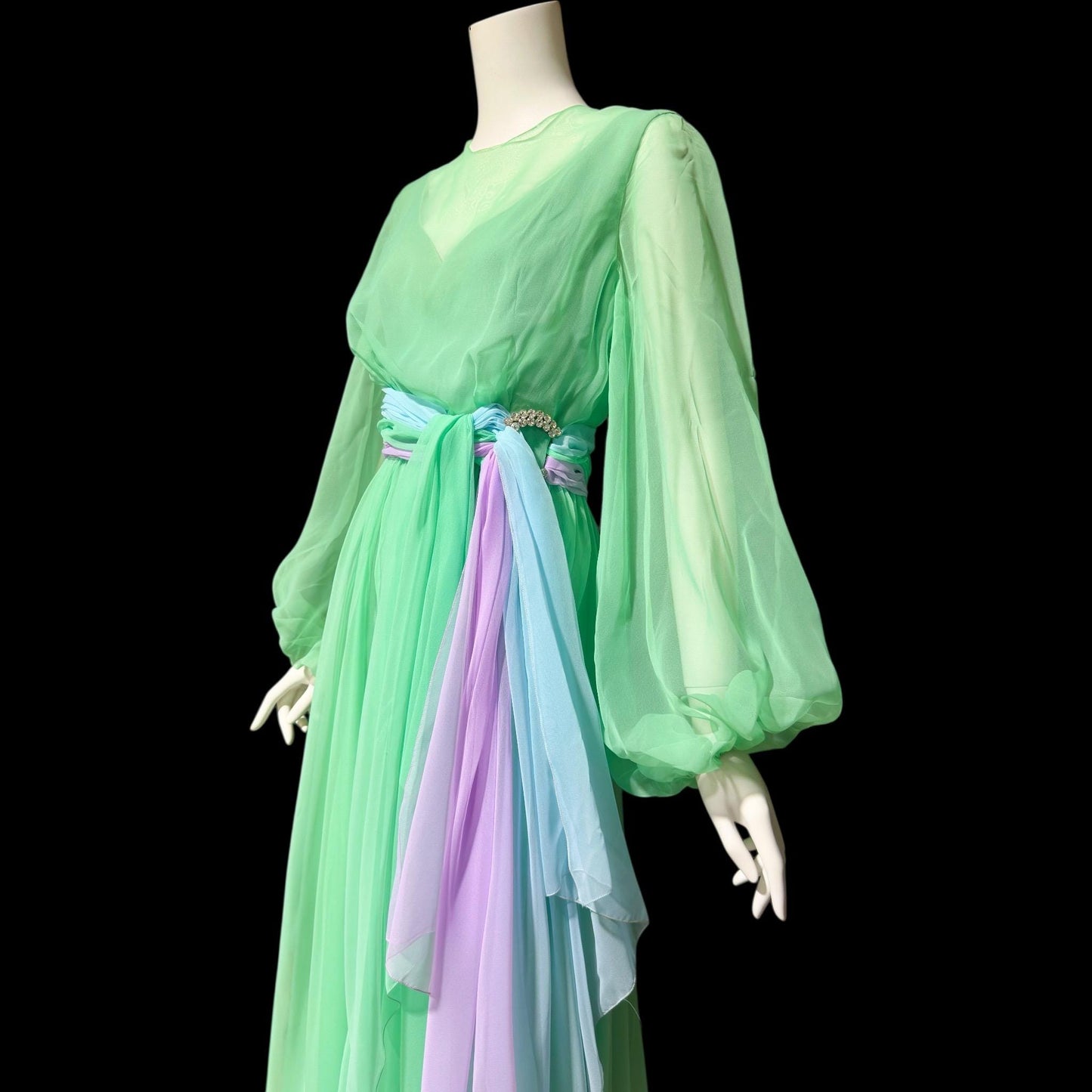 HELEN ROSE, vintage 1970s evening dress, ethereal pastel chiffon green, blue, lavender, sheer chiffon blouson bishop sleeves dress