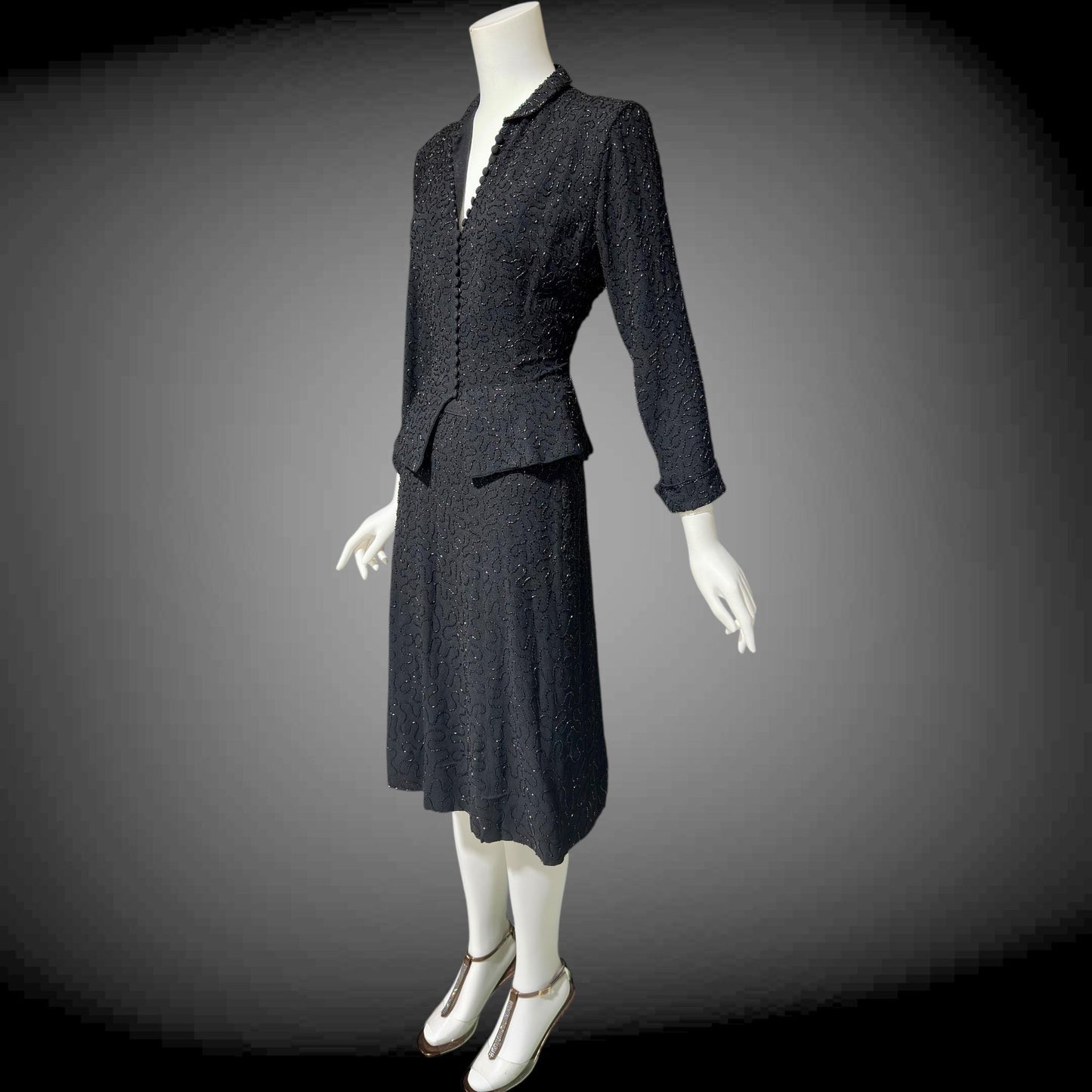 CEIL CHAPMAN vintage 1940s Beaded Evening Suit, Black crepe Cocktail Skirt and Jacket set