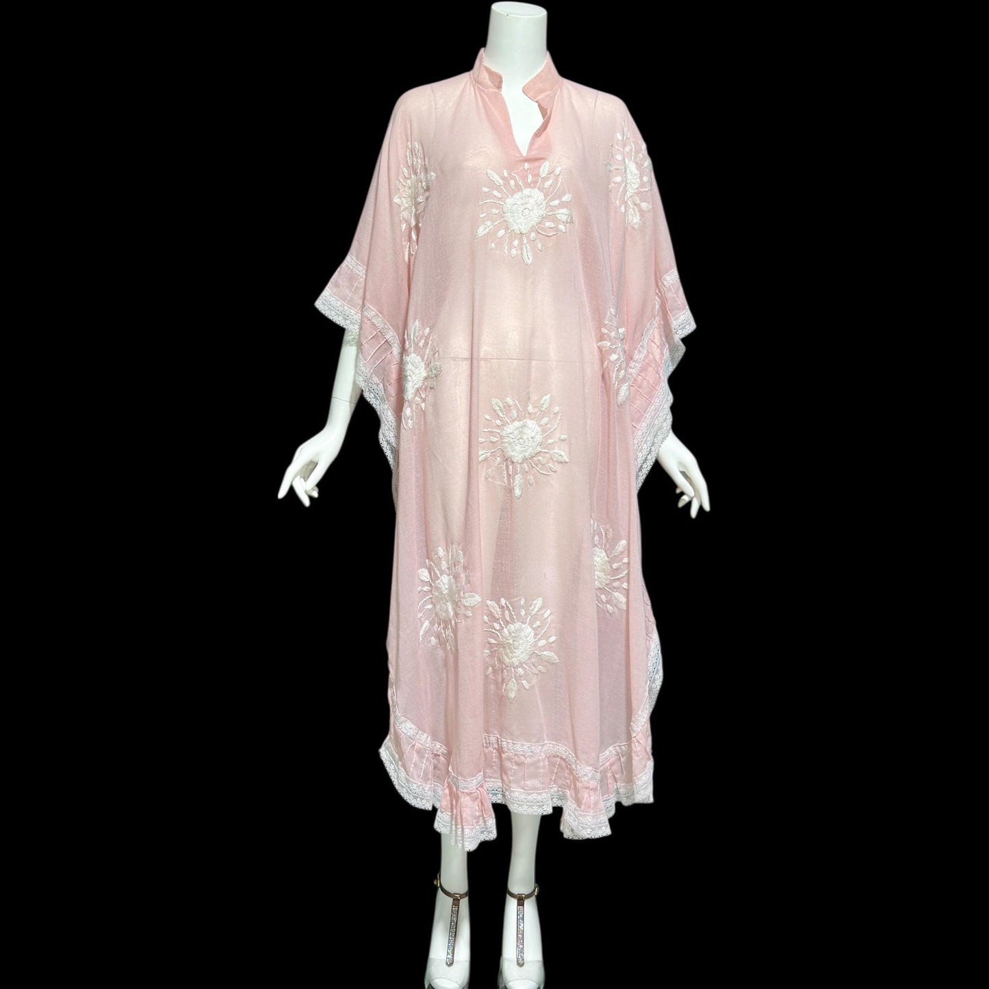 1970s Vintage sheer caftan dress, baby pink cotton poly blend with white embroidered flowers